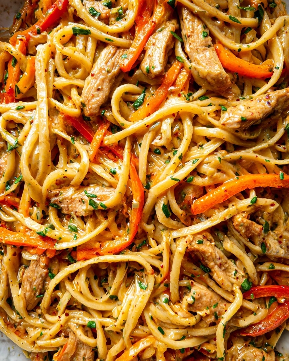 A close-up of cooked noodles mixed with grilled chicken strips, thin orange and red bell pepper slices, and chopped green herbs scattered throughout. The noodles are glossy with a light sauce, showing hints of pepper flakes and seasoning. Chicken pieces have a slightly browned texture, nestled among the long, pale yellow noodles that twist and curl in different directions. The colorful peppers and herbs add bright orange, red, and green touches to the dish. The background is a white marbled texture. photo taken with an iphone --ar 4:5 --v 7