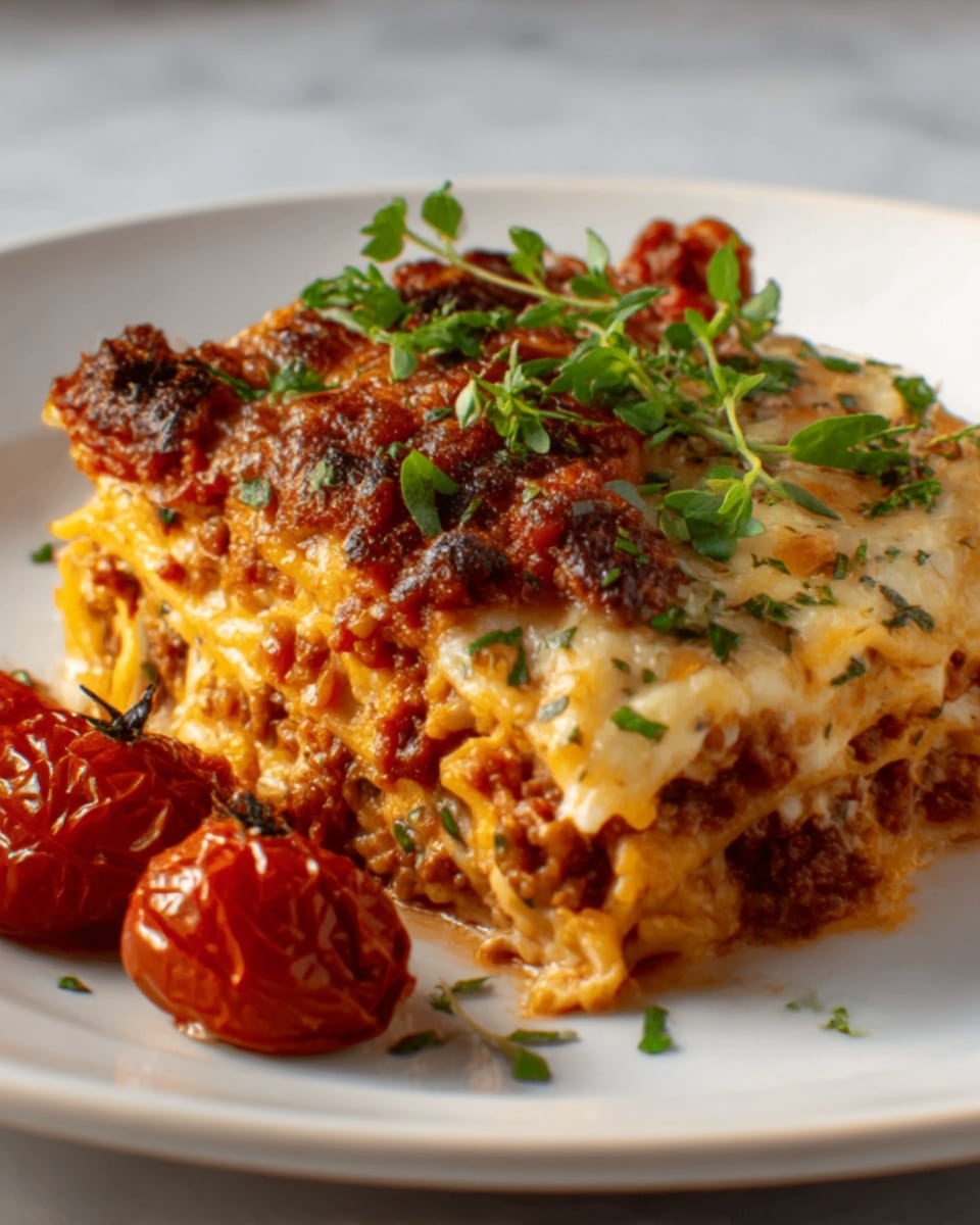 A slice of lasagna with visible layers is placed on a white plate, topped with melted cheese that is golden brown with some crispy and darkened spots. The top layer shows rich red tomato sauce with herbs scattered on it, and fresh green herbs are garnished on top. The edges of the lasagna reveal creamy white cheese and slightly browned pasta layers underneath. Next to the lasagna slice, there are two whole roasted cherry tomatoes with wrinkled skin, showing a deep red color. The plate sits on a white marbled surface. Photo taken with an iphone --ar 4:5 --v 7