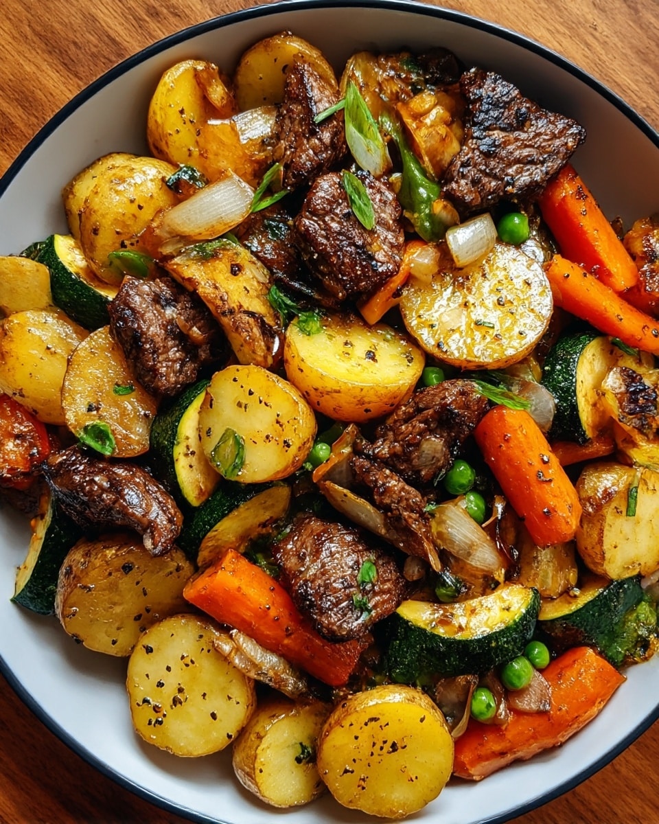 A black bowl filled with a colorful stir-fry dish sits on a white marbled texture. The dish has several layers: at the bottom, there are sliced yellow and green zucchini pieces with a shiny, cooked texture. Scattered throughout are round, light golden-brown potato slices with a slightly crispy look. Bright orange carrot slices add more color, mixed with small pieces of cooked onion. Dark brown, grilled beef chunks with a charred surface are spread evenly on top, giving the dish a hearty look. Bits of green herbs are sprinkled all over, adding a fresh touch. The whole dish looks glossy and well-seasoned. photo taken with an iphone --ar 4:5 --v 7