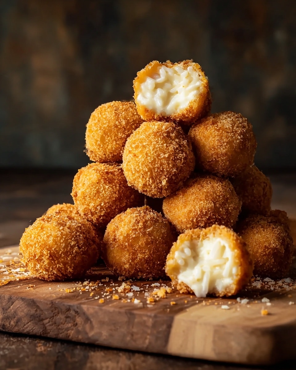 A small pile of round, golden-brown fried balls with a rough, crispy texture on the outside is stacked on a wooden surface. Two of the balls on top are cut open, showing a soft, creamy white filling inside with a slightly stringy texture. The lighting highlights the crunchy crust and the smooth interior of the cut pieces, with some small crumbs scattered around the base of the pile. The background is blurred with a dark tone, making the fried balls stand out clearly. photo taken with an iphone --ar 4:5 --v 7