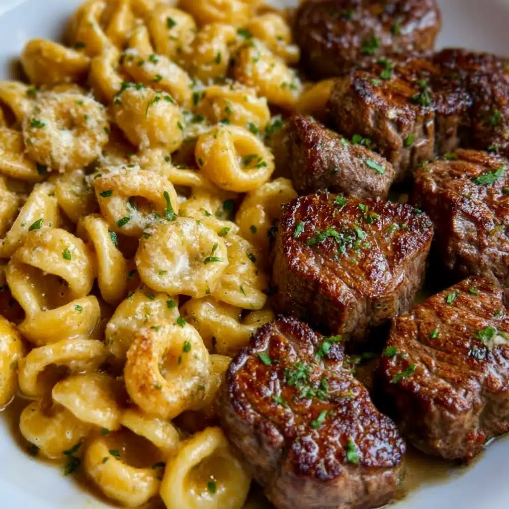 Cajun Steak Bites and Cheesy Garlic Shells Skillet Recipe - Recipe Image