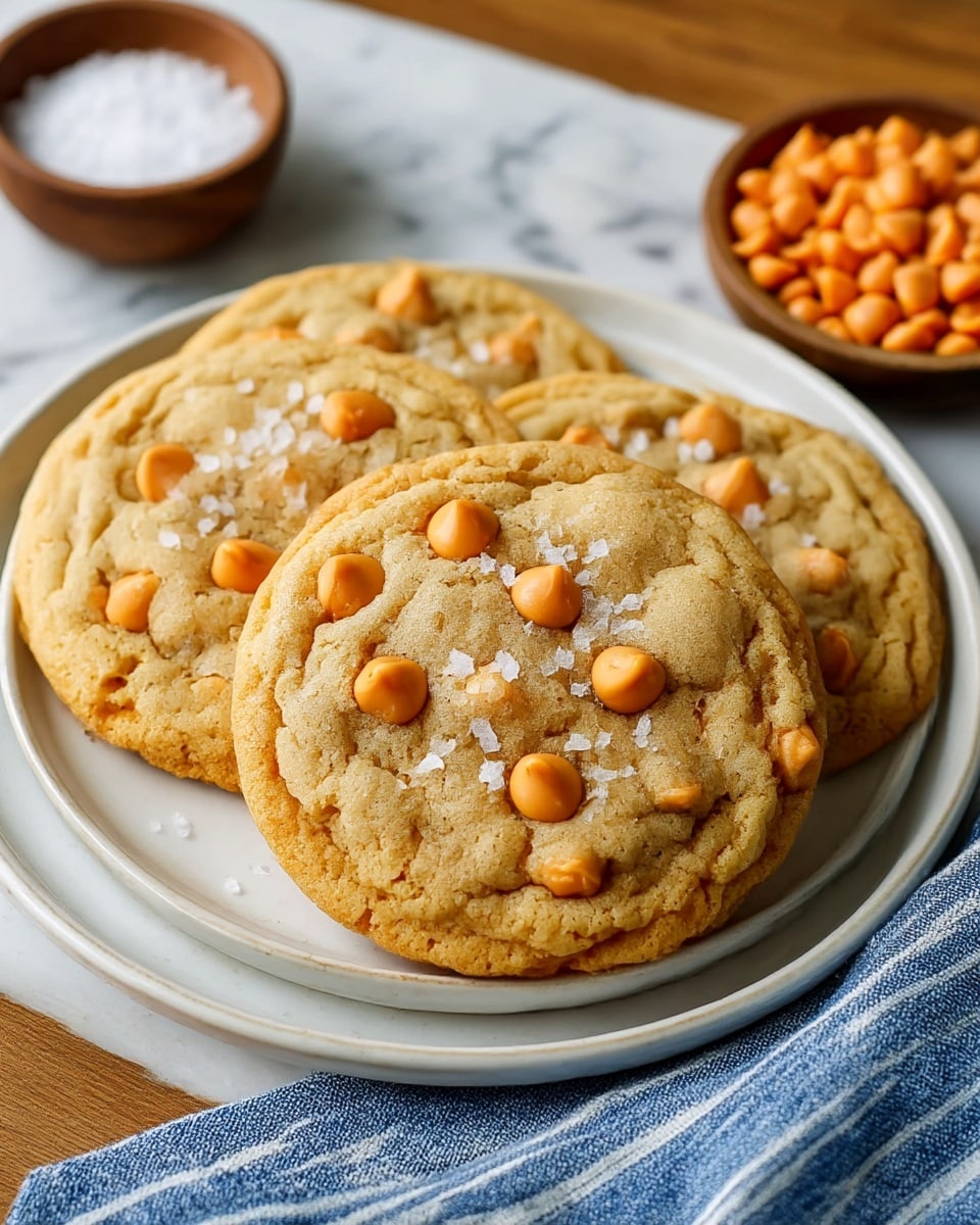 Three round cookies sit overlapping inside a white shallow bowl. Each cookie is golden brown with a soft texture and is studded with several smooth, light caramel-colored chips on the surface, along with small flakes of coarse salt sprinkled over them. The bowl is placed on a white marbled texture, with a blue and white striped cloth nearby. In the background, there are two white bowls, one filled with coarse white salt and the other holding more light caramel-colored chips. Photo taken with an iphone --ar 4:5 --v 7