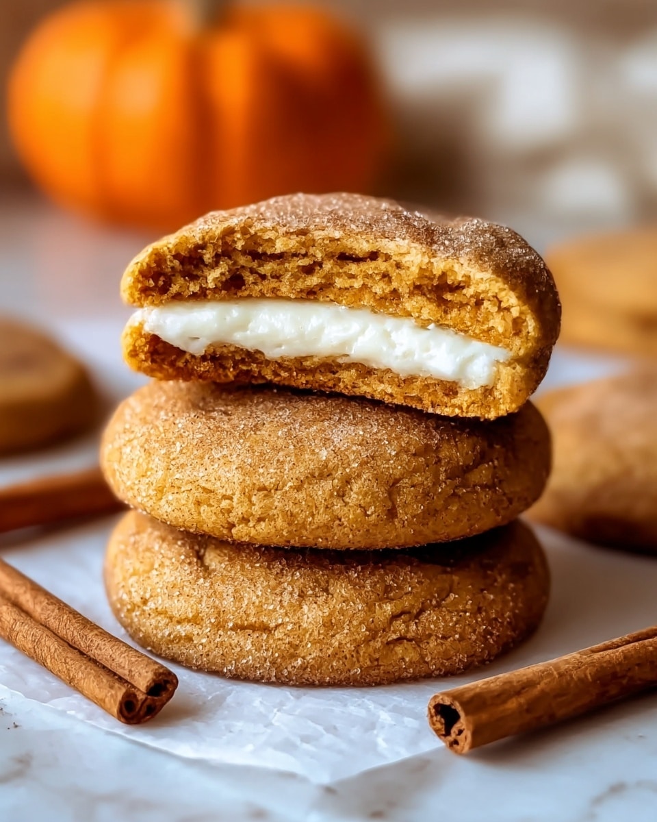 A stack of three soft, thick cookies with a golden brown color and a sandy sugar coating is shown on a white marbled surface. The top cookie is bitten, revealing a smooth white cream filling inside, making it look like a sandwich cookie with two cookie layers and one creamy layer in the middle. Around the stack, there are a few cinnamon sticks with a warm brown color, and a blurred pumpkin is visible in the background, adding a cozy fall feeling to the image. Photo taken with an iphone --ar 4:5 --v 7