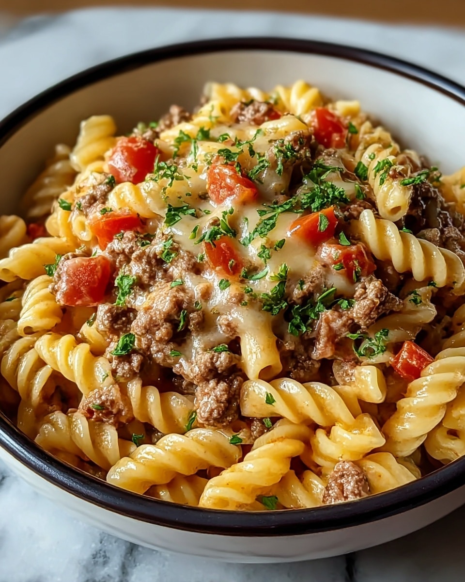 A bowl filled with three layers of food: the bottom layer is yellow cheesy pasta with a mix of short tube and ruffled shapes, soft and coated in sauce; the middle layer is small, crumbly cooked ground meat spread evenly over the pasta; the top layer consists of small diced red tomatoes and chopped green herbs sprinkled all over with a light dusting of pepper on top. The bowl is white and is placed on a white marbled surface with a part of a blue and white cloth visible under the bowl. photo taken with an iphone --ar 4:5 --v 7