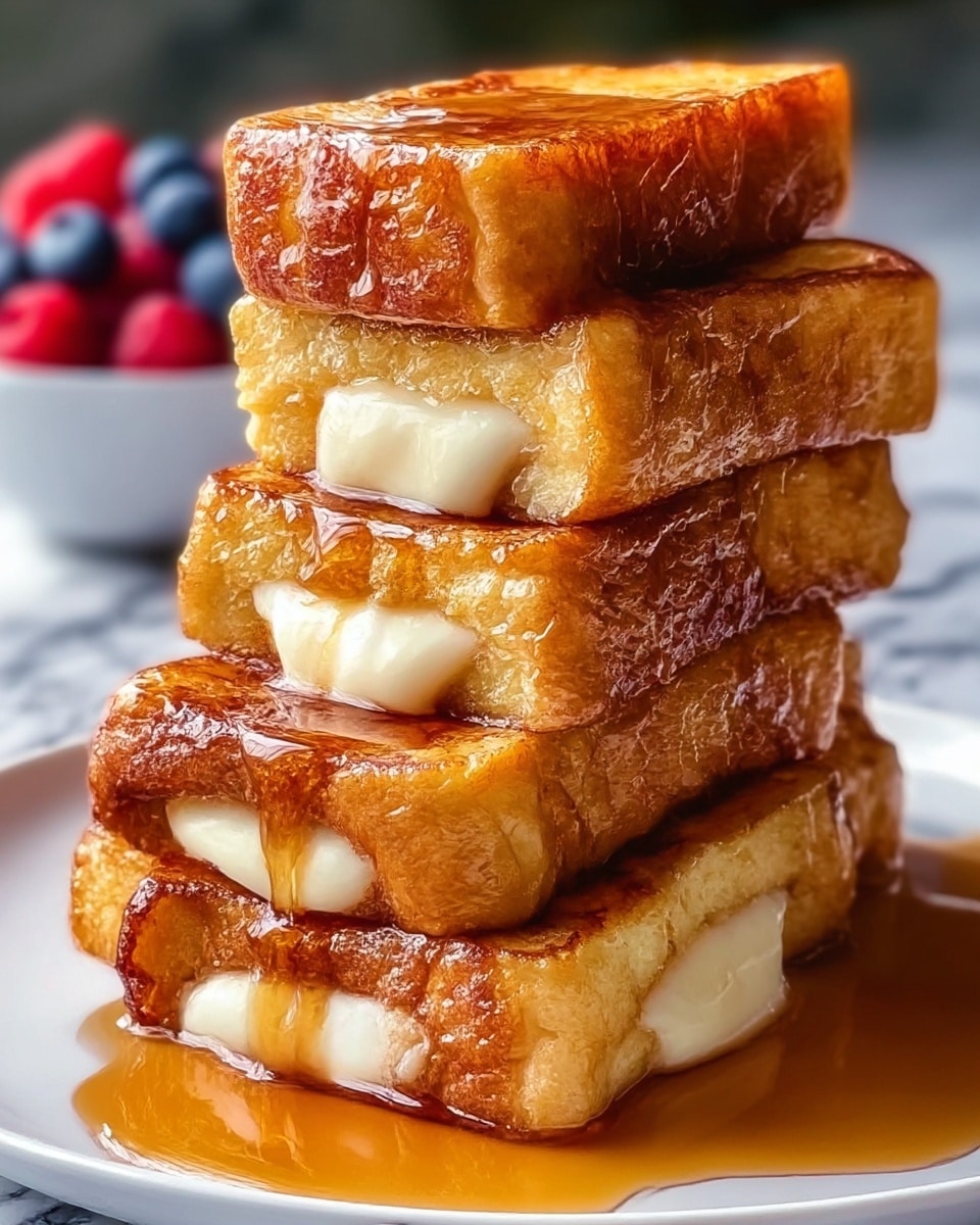 A stack of six thick, golden-brown French toast cubes is shown close-up, each piece toasted with a shiny, caramelized crust. Between the pieces, creamy, white custard or cream fills the gaps, slightly dripping down the sides. The toast sits on a white plate with light honey or syrup pooled around the base, adding a glossy texture. In the background, there is a blurred bowl with red and blue berries on a white marbled surface. photo taken with an iphone --ar 4:5 --v 7