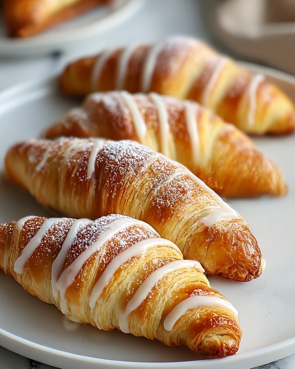 Four golden-brown croissants are arranged overlapping on a white plate, each croissant showing multiple crispy layers with a shiny, glazed finish. Thin white icing is drizzled in swirling lines across the top of the croissants, and a light sprinkle of powdered sugar dusts the surface, highlighting the flaky texture. The plate rests on a soft white cloth over a white marbled texture, with blurred cinnamon sticks in the background adding warm tones. Photo taken with an iphone --ar 4:5 --v 7