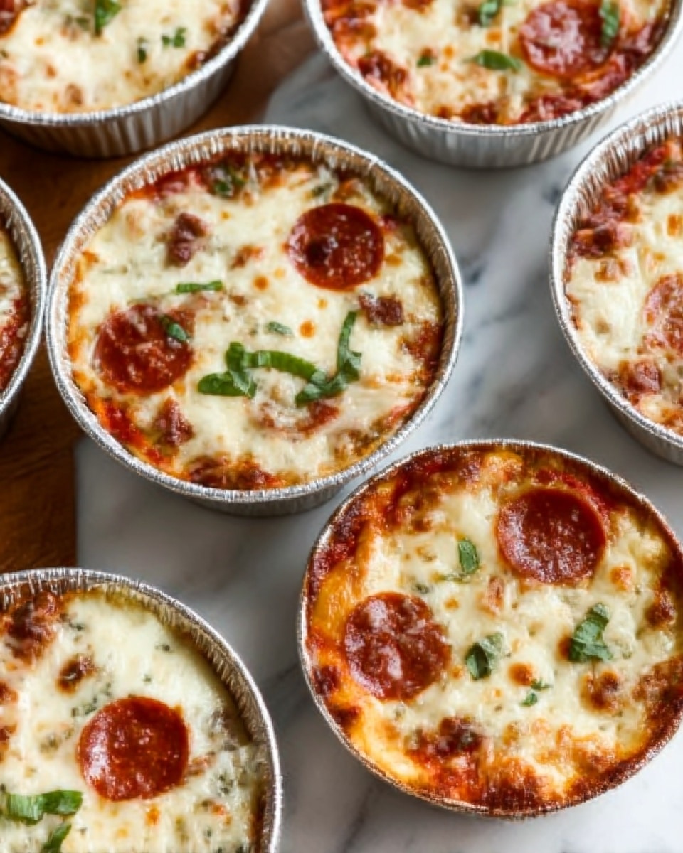 The image shows several small round mini pizzas in silver foil pans placed on a white marbled surface. Each pizza has two layers: a bottom layer of golden-brown baked dough with visible bubbly texture, topped by a thick layer of melted creamy white cheese with light brown spots from baking. Scattered on top are small browned pieces of pepperoni and bits of chopped green herbs. The pizzas are close together, filling the image frame. Photo taken with an iphone --ar 4:5 --v 7