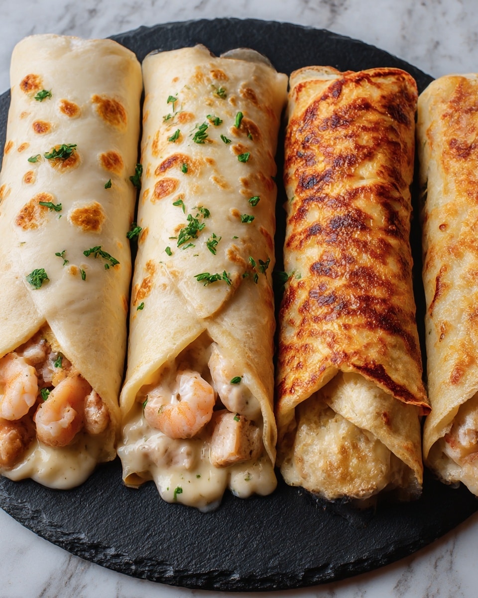 The image shows five rolled crepes placed side by side on a dark round slate plate set on a white marbled surface. Each crepe is filled with a creamy mixture containing small, light brown pieces of what looks like shrimp or chicken. The crepes are lightly toasted, with two of them having a golden-brown, slightly crispy layer on top, and the others topped with melted cheese sprinkled with small green herbs. The texture of the crepes is soft with a few browned spots. Some cream slightly oozes out from the ends, creating a rich, appetizing look. Photo taken with an iphone --ar 4:5 --v 7