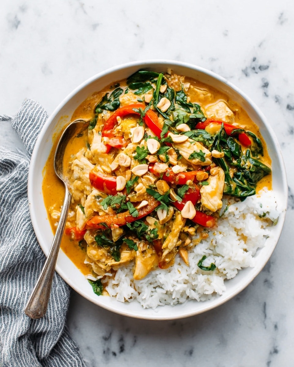 A white bowl filled with a base layer of white rice topped with a thick layer of creamy orange curry containing pieces of chicken, red bell pepper slices, green leafy herbs, and sliced almonds scattered on top. A spoon rests inside the bowl on the left side, and the bowl is placed on a white marbled surface with a grey and white striped cloth partially visible on the bottom left. The colors are warm and vibrant, showing a mix of soft and crunchy textures. Photo taken with an iphone --ar 4:5 --v 7