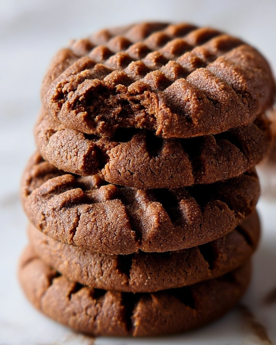 A close-up view of a stack of four thick, soft chocolate cookies. Each cookie has a rich brown color with visible cracks on the surface and a crisscross pattern pressed into the top, adding texture. The cookies look slightly crumbly but moist, and their edges are slightly rough. The background shows a white marbled texture with soft natural light coming from the side. photo taken with an iphone --ar 4:5 --v 7