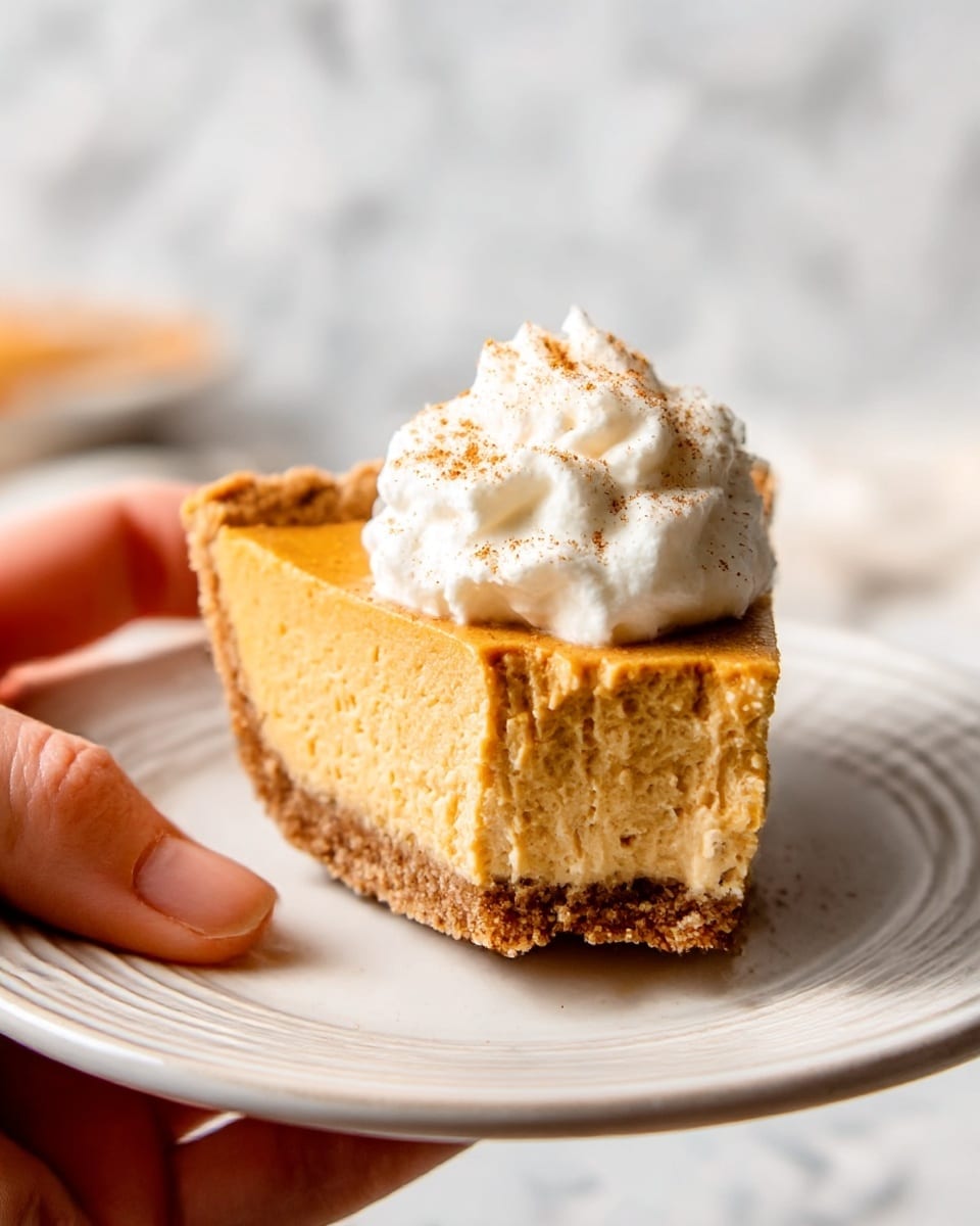 A slice of pumpkin pie with a thick, creamy orange filling sits on a white plate with subtle ridges along the edge. The pie has a crumbly brown crust at the base and is topped with a generous dollop of white whipped cream, sprinkled with a light dusting of cinnamon or nutmeg. A woman's hand can be seen softly holding the edge of the plate on the side. The background features a white marbled texture with soft lighting that highlights the smooth texture of the filling and the fluffiness of the whipped cream. photo taken with an iphone --ar 4:5 --v 7