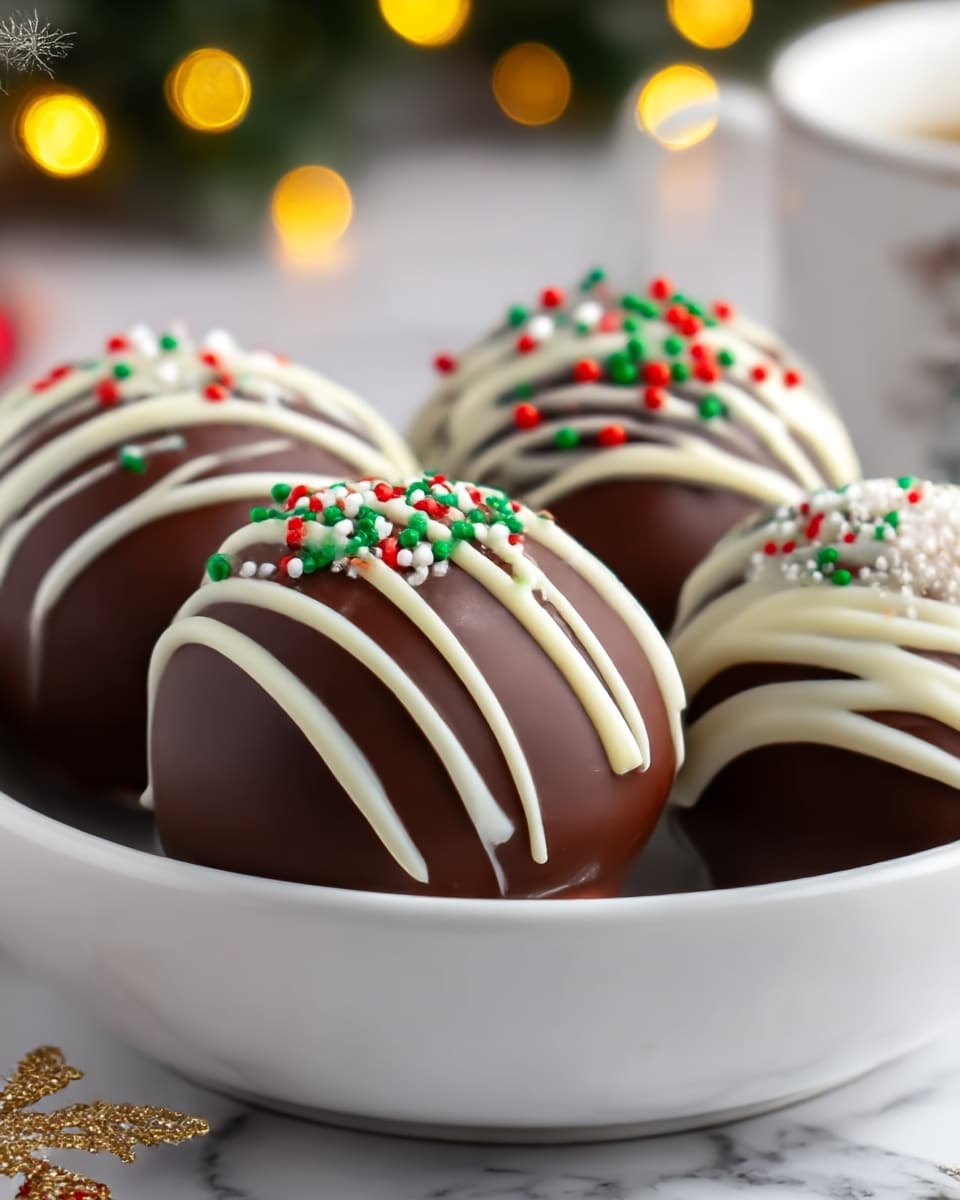 The image shows three round chocolate balls on a white bowl. Each ball has a smooth dark brown chocolate layer. On top, there is a drizzled white chocolate layer with thin lines going over the balls. Small red, green, and white round sprinkles cover the tops, adding bright color. The bowl sits on a white marbled surface with soft lights blurred in the background. photo taken with an iphone --ar 4:5 --v 7