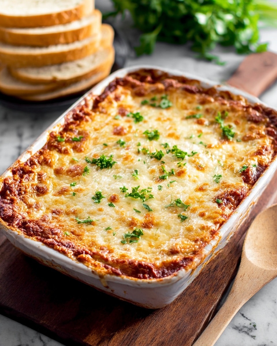 A square white baking dish filled with a layered baked casserole, topped with a thick, golden-brown melted cheese layer speckled with small bits of green herbs, mostly parsley. The cheese layer shows a slightly bubbly texture with crispy, browned spots around the edges. Beneath the cheese, layers hint at a rich red tomato sauce mixed with browned meat, adding depth to the dish. The baking dish sits on a wooden board with slices of crusty bread arranged in the background, all placed on a white marbled surface. Photo taken with an iphone --ar 4:5 --v 7