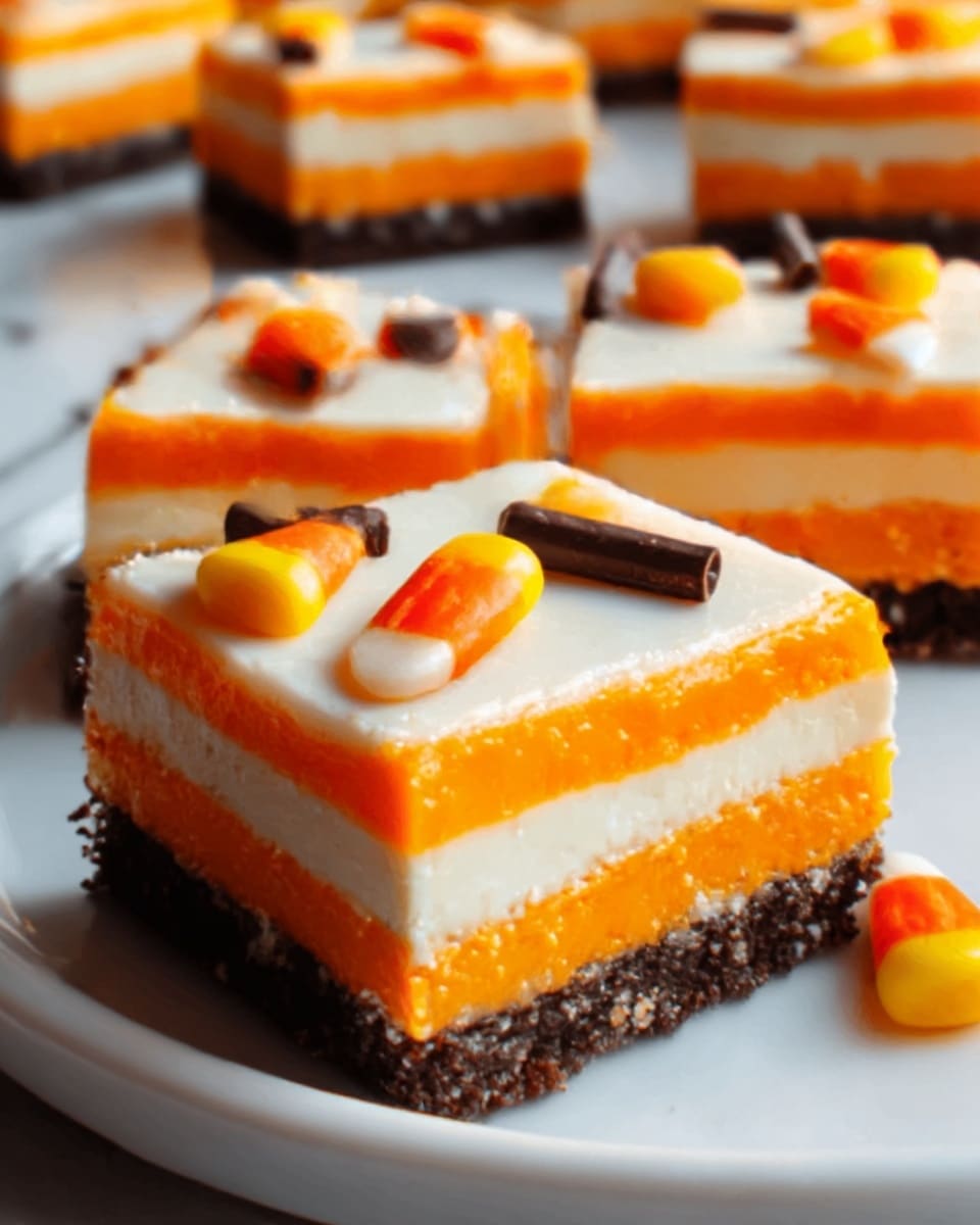 The image shows a close-up of three layered dessert squares on a white plate, sitting on a white marbled surface. Each square has a bottom layer of dark chocolate crust with a crumbly texture, followed by a thick bright orange layer, then a thinner creamy white layer on top. Small pieces of candy corn and small dark chocolate sticks are placed on the white layer, adding color and texture. The lighting highlights the smooth creamy and firm layers of the dessert, giving it a fresh and inviting look. Photo taken with an iphone --ar 4:5 --v 7