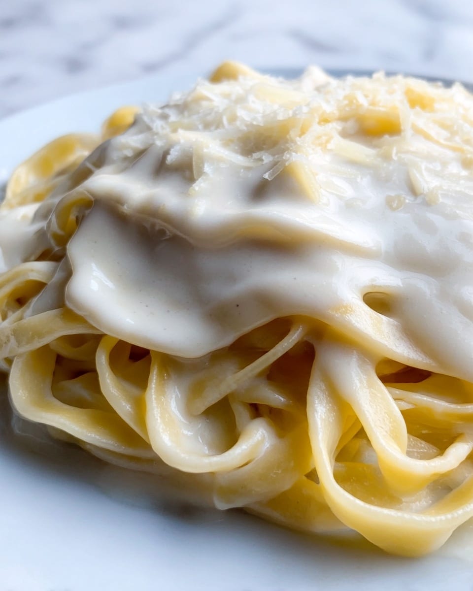 The image shows a close-up of creamy fettuccine pasta on a white plate set on a white marbled texture. The dish has two main layers: a base layer of flat, long, pale-yellow fettuccine noodles that are slightly glossy and piled loosely, and a thick top layer of smooth, white cream sauce covering the pasta, with small bits of grated cheese sprinkled lightly on top, adding a subtle texture. The cream sauce has a rich, velvety appearance, clinging to the noodles. Photo taken with an iphone --ar 4:5 --v 7