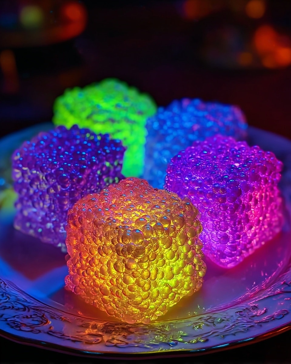 The image shows five small cube-shaped desserts placed on a white plate with an ornate design. Each cube is covered in small shiny bubbles and glows with bright neon colors that shift from purple, pink, and yellow in the front cubes to green and blue in the back cubes, creating a colorful gradient effect. The cubes have a translucent, gel-like texture with a slightly rough surface from the bubbles. The lighting is low and moody, highlighting the vibrant neon colors of the cubes against a dark blurred background. photo taken with an iphone --ar 4:5 --v 7