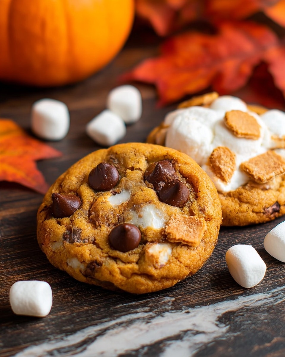 Two round cookies sit side by side on a dark wooden surface with scattered small white marshmallows and broken pieces of light brown graham crackers around them. The cookies have a warm golden-brown color with a soft, slightly chewy texture showing. The cookie on the left has visible melted white marshmallow parts and three dark brown chocolate chips on top. The cookie on the right shows small bits of graham cracker, a chocolate chip, and one whole white marshmallow piece on top. A pinecone and an orange pumpkin are blurred in the background, all placed on a white marbled texture. photo taken with an iphone --ar 4:5 --v 7