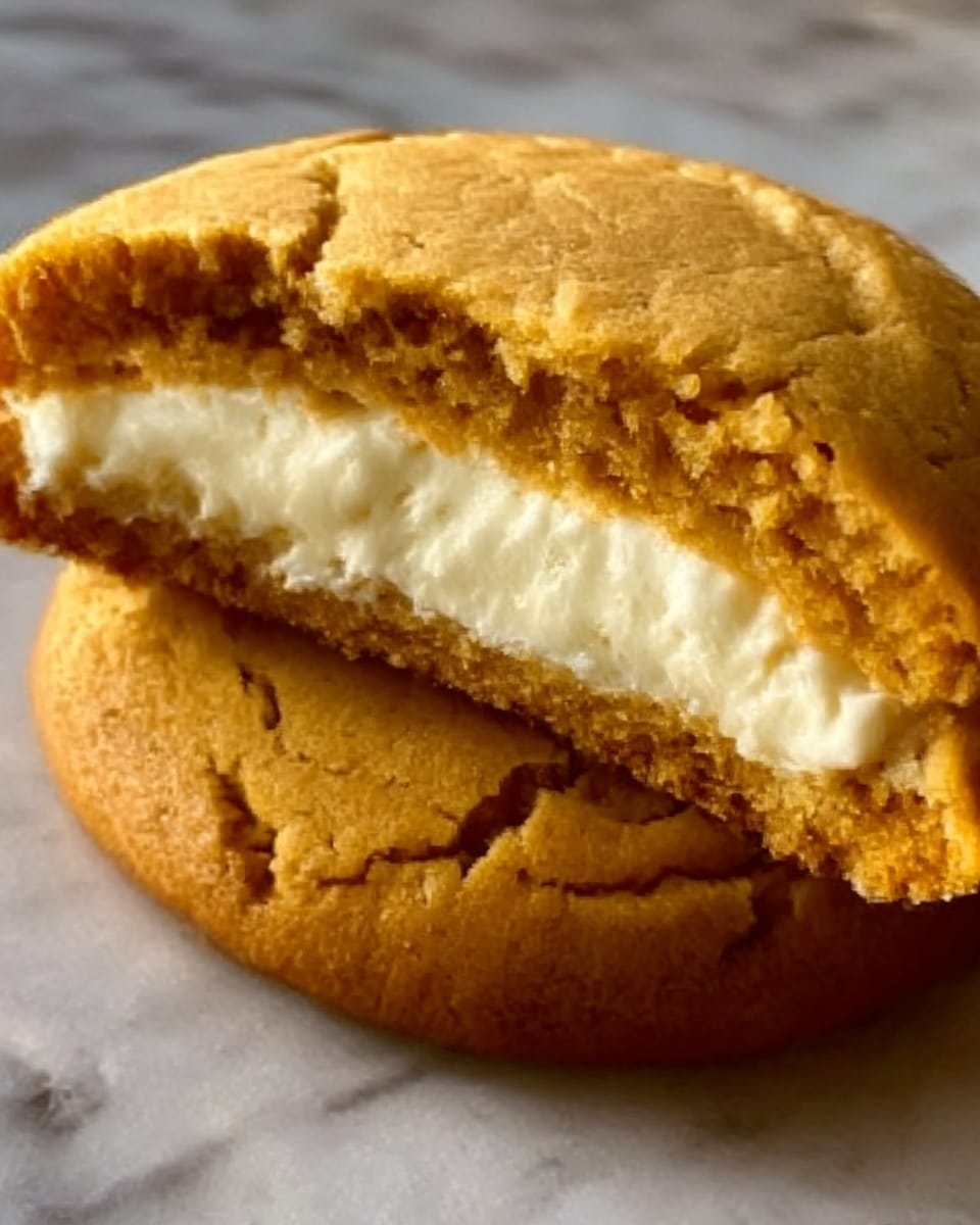 The image shows a close-up of a soft, golden brown cookie with cracks on the surface, revealing a creamy white filling inside. The cookie looks thick and chewy, with the filling smooth and slightly gooey in the center. The focus is on the bite taken out of the cookie, highlighting the contrast between the crunchy outside and the soft, creamy inside. The background is a white marbled texture. photo taken with an iphone --ar 4:5 --v 7