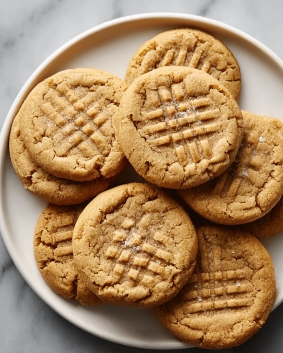 A white ceramic plate filled with seven golden brown peanut butter cookies arranged in layers, with three cookies on the bottom and four on top, each cookie showing a crosshatch pattern pressed gently into the surface, some sprinkled with a few grains of salt. The plate sits on a white marbled texture surface with a small part of a fourth cookie visible on the side. Photo taken with an iphone --ar 4:5 --v 7