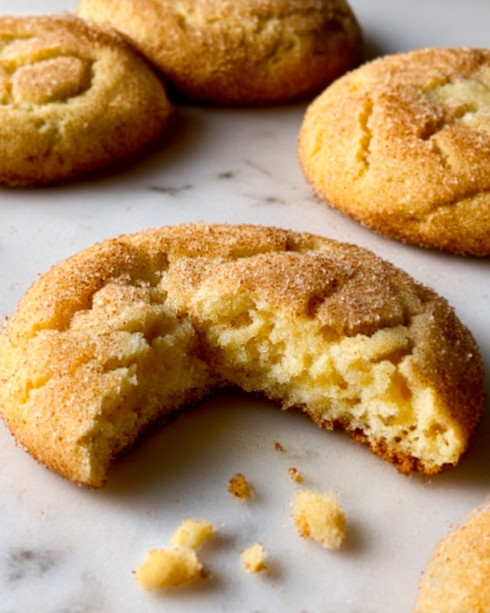 The image shows two golden brown cookies on a white marbled surface, with one cookie having a bite taken out of it, revealing a soft and slightly crumbly inside. The cookies are round, sprinkled with a light coating of sugar and cinnamon on top, giving them a slightly rough texture. Crumbs are scattered around the cookies, adding to the fresh-baked look. Photo taken with an iphone --ar 4:5 --v 7