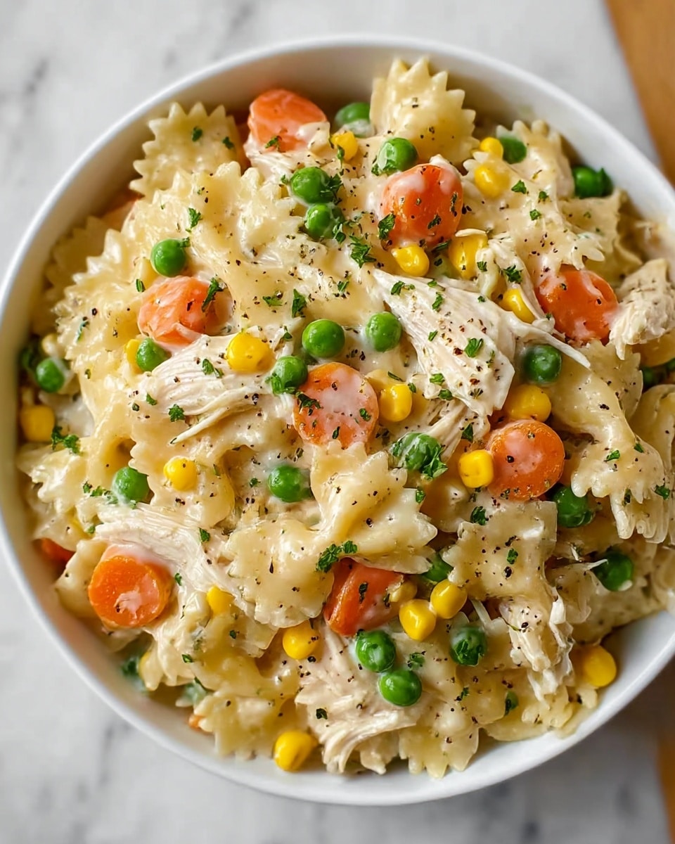 The image shows a white bowl filled with a creamy pasta dish made with bow-tie noodles, shredded chicken, green peas, sliced orange carrots, and yellow corn kernels. The pasta is coated in a thick, white sauce that looks smooth and glossy. The dish is garnished with small green herb pieces and freshly ground black pepper sprinkled on top, adding texture and color contrast. The bowl rests on a white marbled surface. Photo taken with an iphone --ar 4:5 --v 7