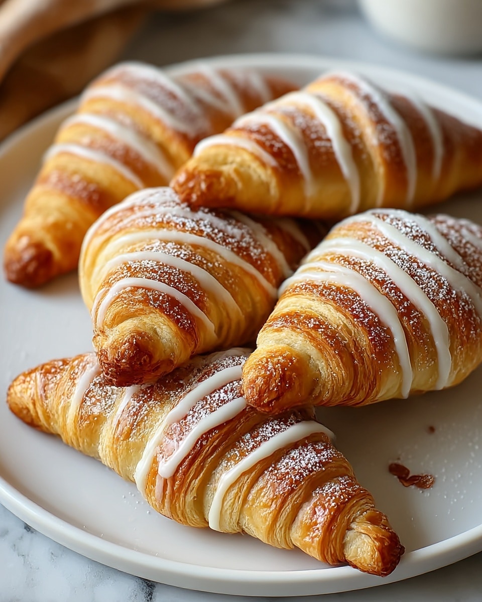 Four golden brown croissants with visible flaky layers are arranged neatly on a white plate, each croissant glazed lightly to show a shiny surface. A thin white icing is drizzled in a zigzag pattern across the top of the croissants, and a dusting of powdered sugar adds a soft white touch, emphasizing the texture. The plate rests on a white marbled surface, and the background is softly blurred, creating a warm and inviting feel. photo taken with an iphone --ar 4:5 --v 7