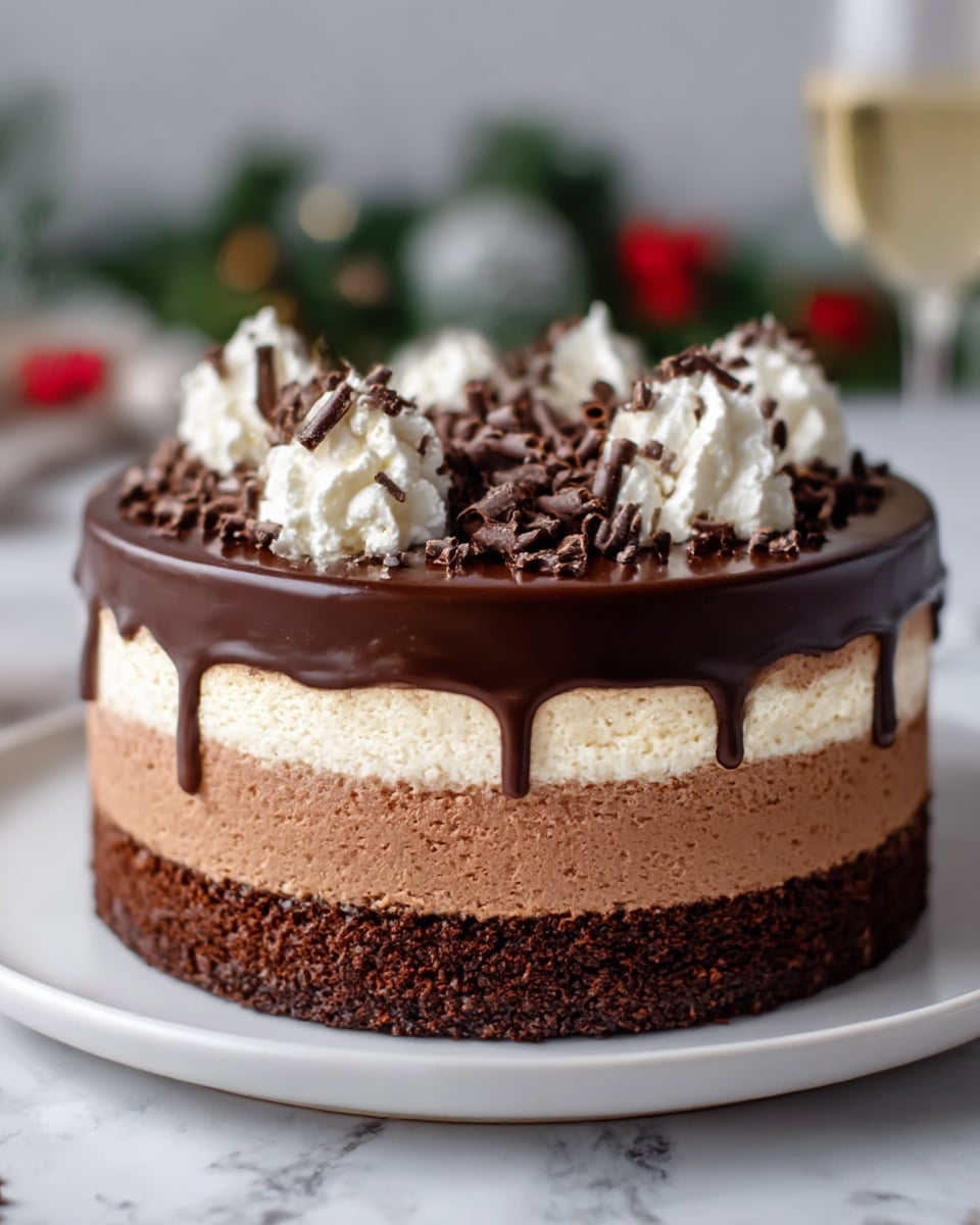 The image shows a tall, round chocolate cake with four clear layers placed on a white plate. The bottom layer is a dark, crumbly chocolate base, followed by a thick, smooth milk chocolate layer. Above that is a lighter cream layer with a soft texture, and the top layer is dark chocolate ganache that gently drips down the sides. On top of the ganache, there are small white cream dollops and finely grated chocolate sprinkles evenly spread. The background is a white marbled texture, and there are blurred glasses and strawberries near the cake. Photo taken with an iphone --ar 4:5 --v 7
