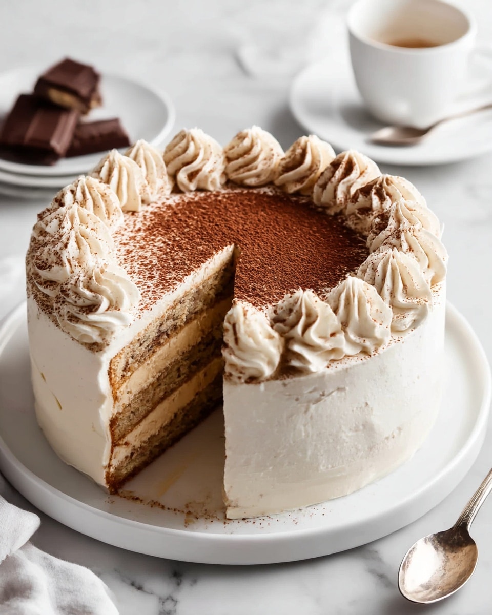 A three-layer round cake sits on a white plate placed on a white marbled surface, with a slice removed to show the inside. Each layer of the cake has moist golden brown sponge visible with light cream filling in between. The outside is coated with smooth cream frosting, whipped and piped into swirls around the top edge, each dusted with cocoa powder. The top surface has a mix of light cream frosting and cocoa powder powder, swirling from the center outward. Some crumbs lay scattered on the plate. In the background, a white cup and saucer and a white plate with a spoon can be seen. Photo taken with an iphone --ar 4:5 --v 7