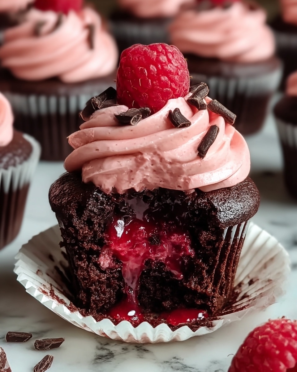 A close-up of a chocolate cupcake with three visible layers: the bottom layer is dark and moist chocolate cake, the middle layer has bright red raspberry jelly oozing out, and the top layer shows thick, light pink frosting swirled smoothly around the edges. On top of the frosting, there are small dark chocolate shards scattered and a fresh, plump raspberry placed at the center. The cupcake is in a white paper liner, sitting on a white marbled texture, with a few chocolate pieces and crumbs around it. Other similar cupcakes are blurry in the background. photo taken with an iphone --ar 4:5 --v 7