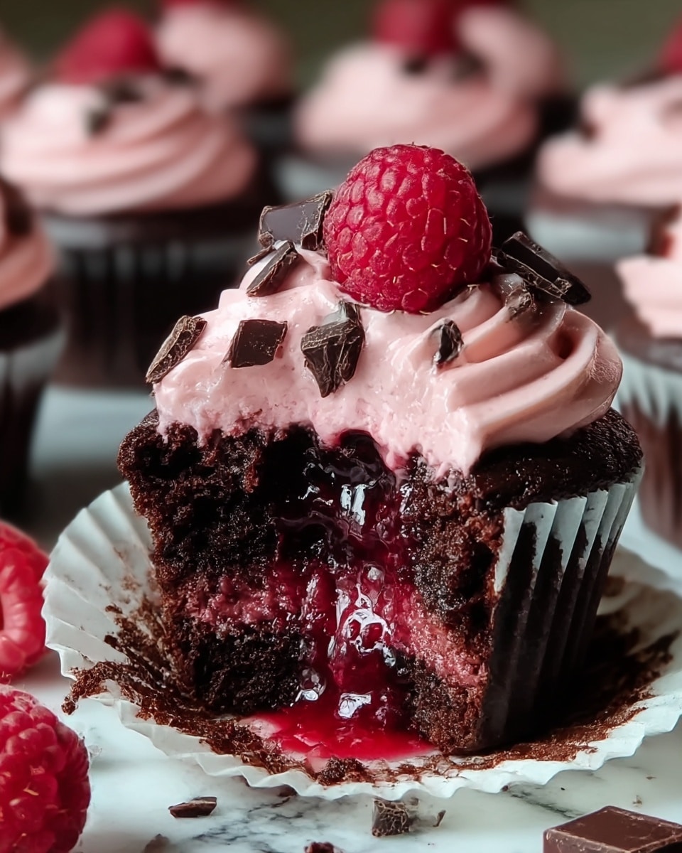 A close-up of a chocolate cupcake with three visible layers: the base is dark chocolate cake with a moist texture, the middle shows a flowing bright red raspberry filling, and the top layer is a swirl of light pink frosting with a smooth, creamy texture. The cupcake is decorated with a fresh red raspberry and small dark chocolate shavings around the raspberry on top. The cupcake liner is white, and it sits on a white marbled surface with more cupcakes blurred in the background. Photo taken with an iphone --ar 4:5 --v 7