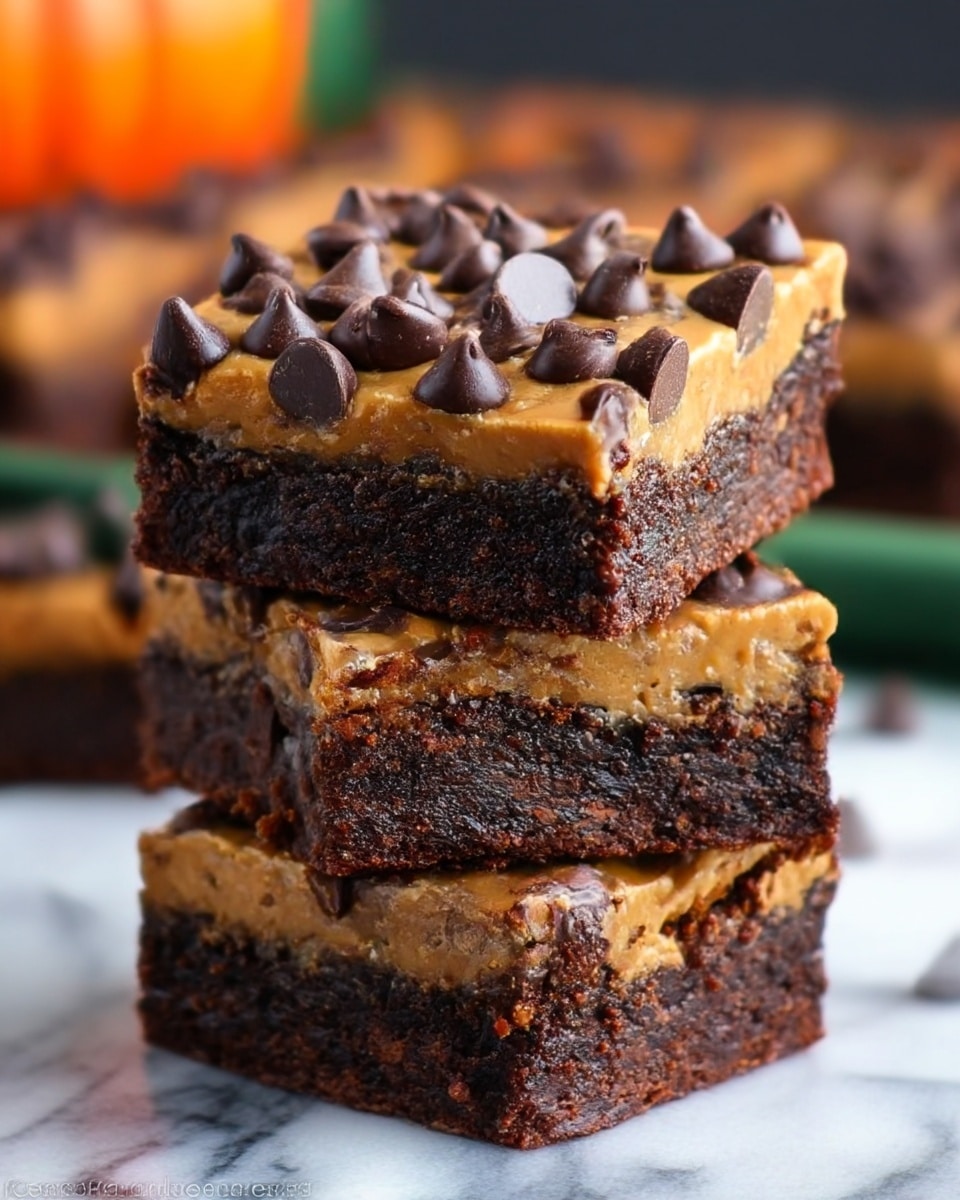The image shows a close-up of three thick brownie squares stacked vertically. Each brownie has two visible layers: a moist, dark brown chocolate base with a dense, rich texture and a smooth, light brown peanut butter layer on top. The peanut butter layer is covered generously with shiny, dark chocolate chips. The stack is placed on a white marbled surface with a blurred background featuring hints of orange and green colors. Photo taken with an iphone --ar 4:5 --v 7