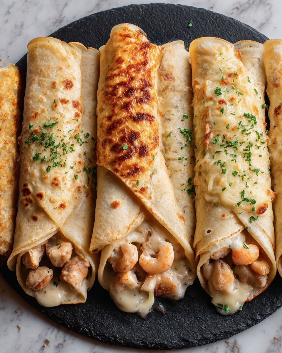 Four rolled crepes are placed side by side on a round black slate serving board. Each crepe is stuffed with creamy filling that includes pieces of lightly browned chicken or seafood. The two crepes on the left have smooth, pale white tops with golden brown little spots and small green herb leaves sprinkled over. The third crepe from the left has a crispy golden brown textured top with darker brown stripes, and the one on the far right has a similar golden brown crunchy top with some bubbling and dark stripes. The crepes are soft and thin, showing folds on the ends and slight melting of the creamy sauce over the edges. The background is a white marbled texture. Photo taken with an iphone --ar 4:5 --v 7