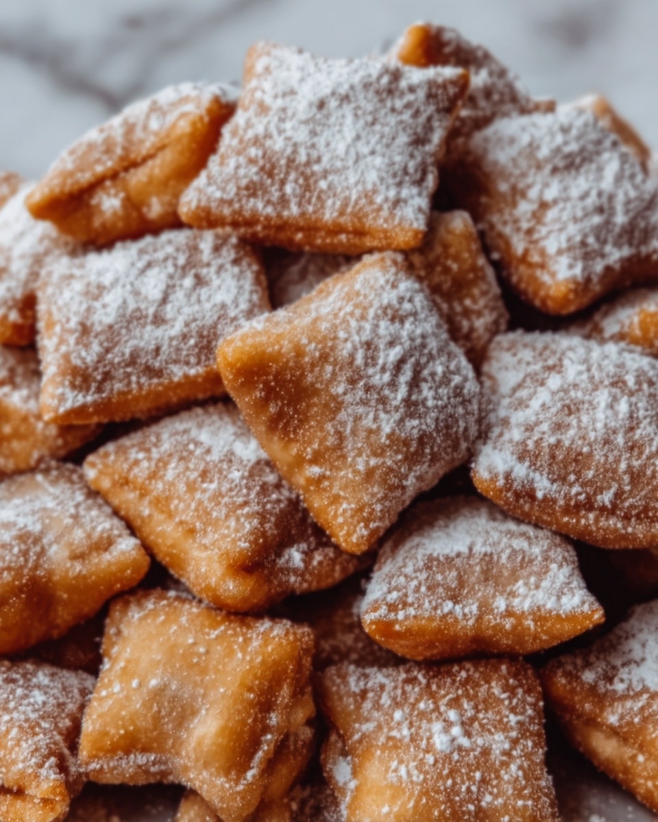 The image shows many small, square-shaped snacks piled together, each with a light brown color and a crispy texture. They are dusted evenly with a fine layer of white powdered sugar, which lightly covers the surface of each piece. The shapes look crunchy and slightly puffed, with some showing small cracks. The background is a white marbled texture, making the golden brown and white powdered sugar stand out clearly. photo taken with an iphone --ar 4:5 --v 7