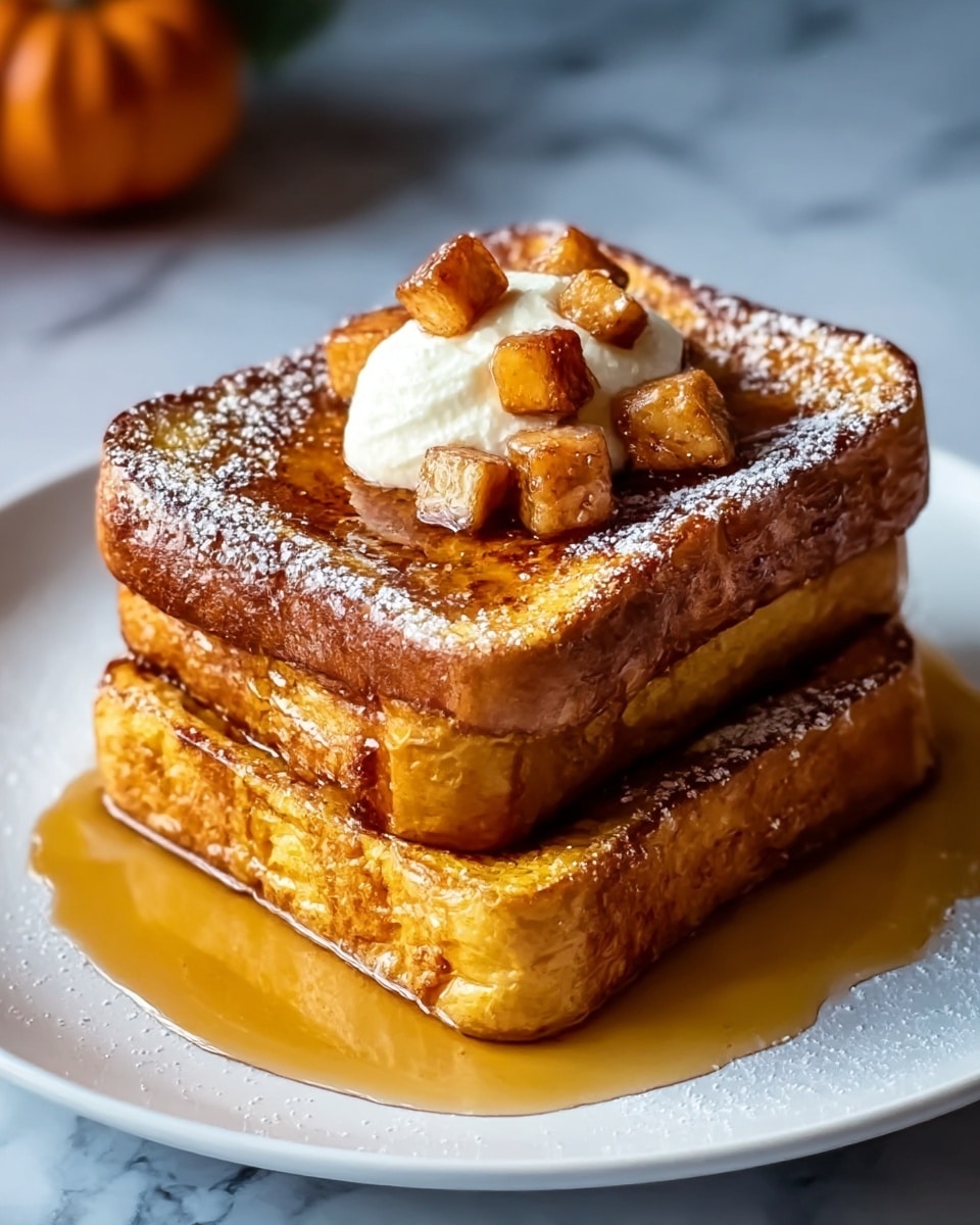 A stack of two thick slices of golden brown French toast sits in the center of a white plate, soaked slightly with amber maple syrup that pools around the base. The top slice is adorned with a dollop of light cream, surrounded by small, caramelized brown cubes. A light dusting of white powdered sugar covers the top and the plate edges lightly. The French toast has a crispy outer texture with a soft inside, all set on a white marbled surface. photo taken with an iphone --ar 4:5 --v 7