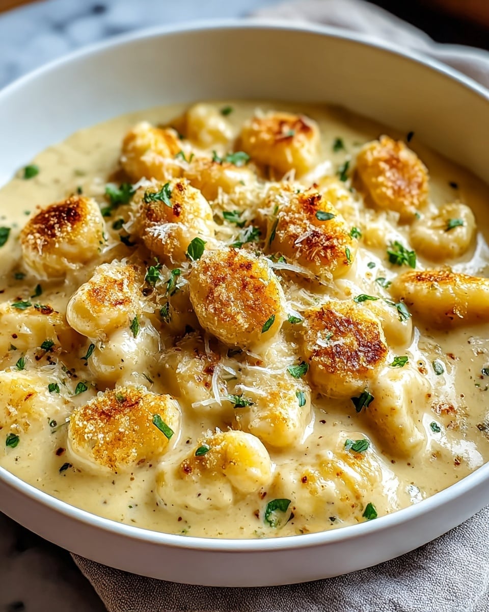 A white bowl holds a creamy dish of gnocchi covered in a thick, pale yellow cheese sauce dotted with green parsley bits. The gnocchi are plump and soft, with some showing golden brown, crispy spots on top, giving a slightly crunchy texture. The cheese sauce fills the spaces between the gnocchi, creating a smooth, rich base. Small flecks of finely grated cheese are sprinkled on the top layer, adding texture and a light contrast. The bowl is placed on a grey cloth napkin, all set against a white marbled surface. photo taken with an iphone --ar 4:5 --v 7