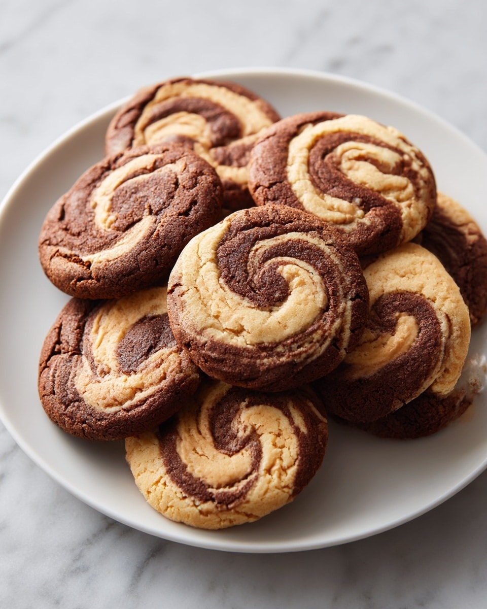 A white plate holds a pile of round marbled cookies with two swirled layers: one chocolate brown with a soft, slightly cracked texture, and one creamy beige with a smooth, peanut butter-like appearance. The swirls twist together in a unique spiral pattern on each cookie. The plate sits on a white marbled surface with soft natural light highlighting the cookies' rich colors and textures. photo taken with an iphone --ar 4:5 --v 7