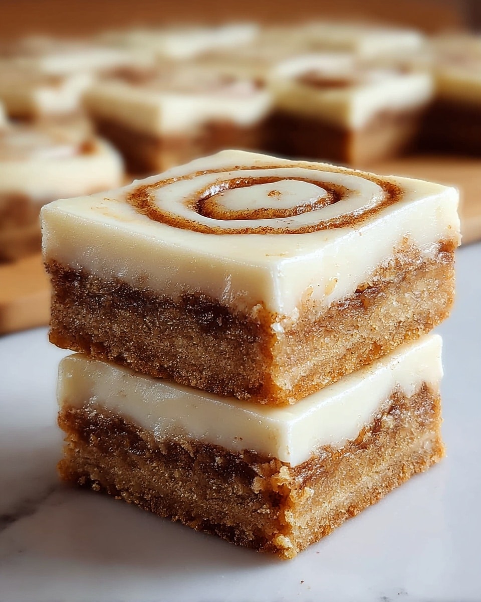 The image shows two square cinnamon roll bars stacked on top of each other, each with three clear layers. The bottom layer is a dense, light brown dough base, slightly crumbly in texture. The middle layer is a darker cinnamon filling, rich and slightly moist, visible within the dough. The top layer is a thick, creamy white icing with a smooth texture, swirled with a cinnamon brown spiral pattern that mirrors a classic cinnamon roll look. In the background, more cinnamon roll bars are slightly out of focus on a white marbled surface. photo taken with an iphone --ar 4:5 --v 7