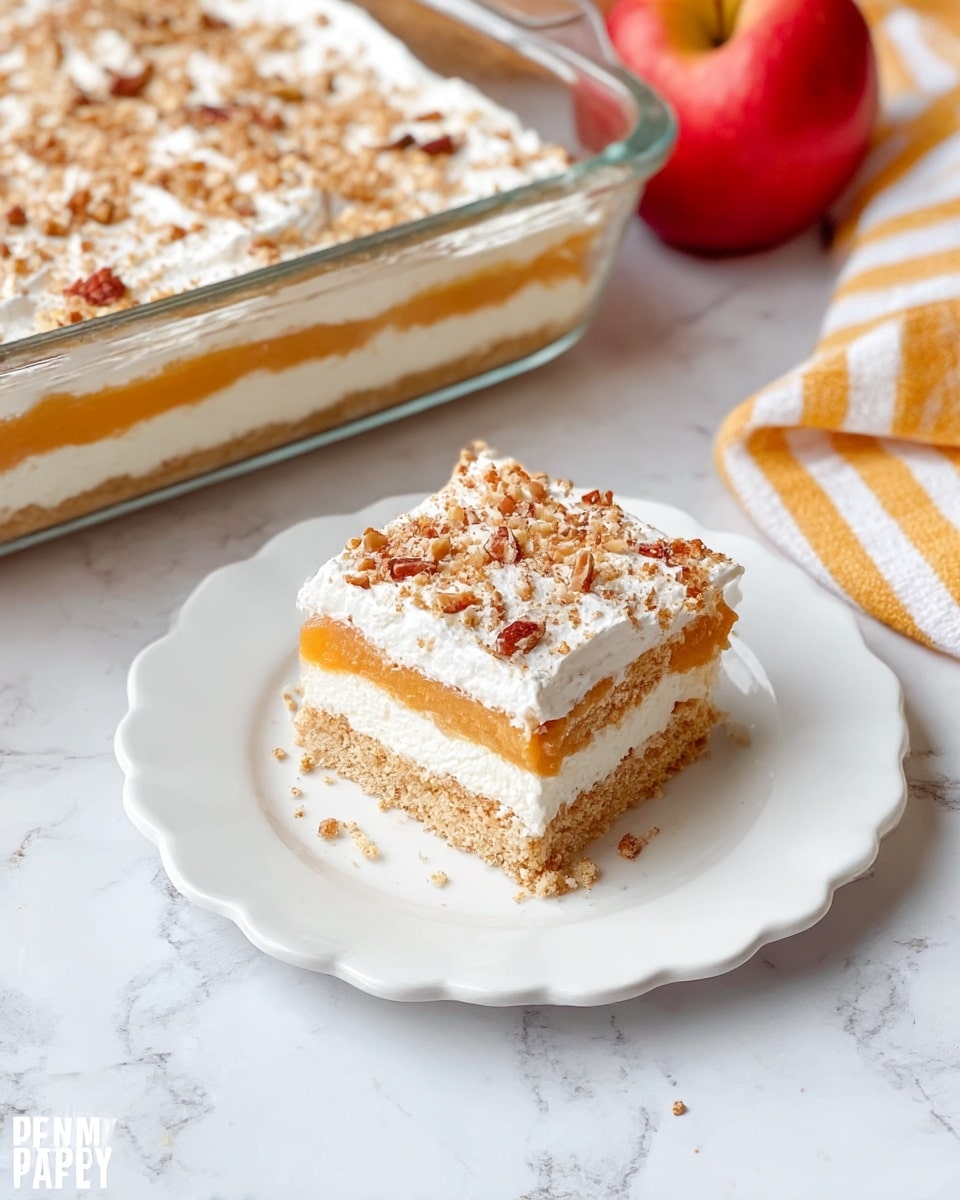A square piece of layered dessert sits on a white plate with scalloped edges placed on a white marbled surface. The dessert has four layers: a crumbly light brown crust at the bottom, a thick white creamy layer above it, followed by a smooth orange layer, and topped with a fluffy white whipped cream layer. The top is sprinkled with crushed nuts, mostly pecans, adding texture and color contrast. Behind it, a glass baking dish holds the rest of the dessert showing the same four distinct layers. To the side, there is a red apple and a white and yellow striped towel. Photo taken with an iphone --ar 4:5 --v 7