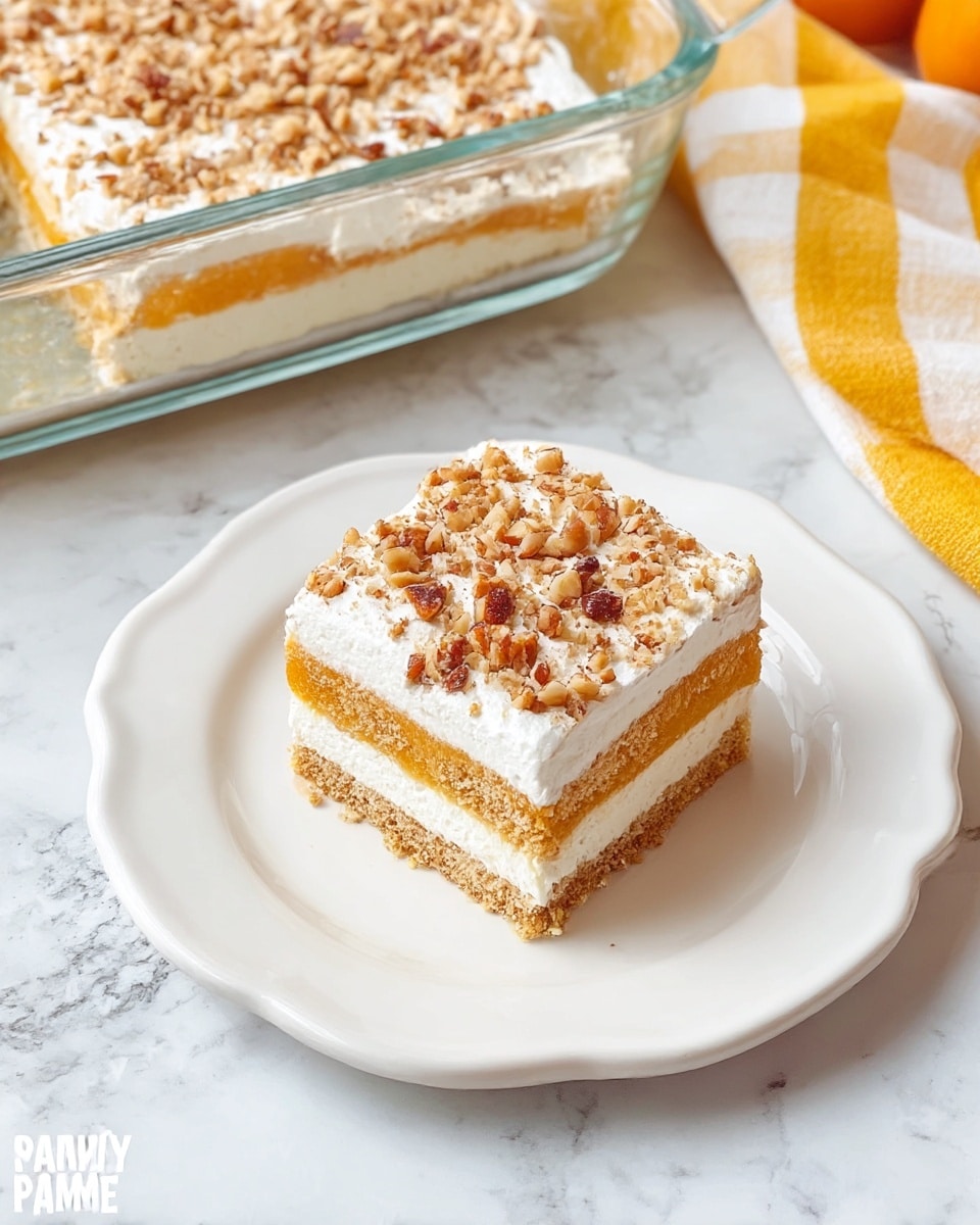 A square piece of layered dessert sits centered on a white plate with a gentle scalloped edge. The dessert has four distinct layers: a crumbly golden-brown base, a pale creamy white second layer, a thick middle layer of bright orange, and a thick, fluffy white top layer sprinkled generously with chopped nuts in various shades of brown. The plate rests on a white marbled surface, near a yellow and white striped towel and a glass dish holding the remaining dessert, showing the same four layers and nut topping. Photo taken with an iphone --ar 4:5 --v 7