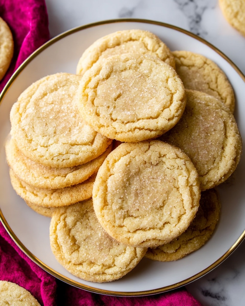 A round white plate with a thin gold rim holds a stack of soft, sugar-coated cookies. There are about ten cookies arranged in two overlapping layers, with the top layer showing five cookies. Each cookie is light golden brown with crackled surfaces and a fine sugar sprinkle that catches the light, adding a slight sparkle. The cookies have a soft texture with slight browning around the edges. A magenta cloth is partially visible under the plate, and the setting is on a white marbled surface. Photo taken with an iphone --ar 4:5 --v 7