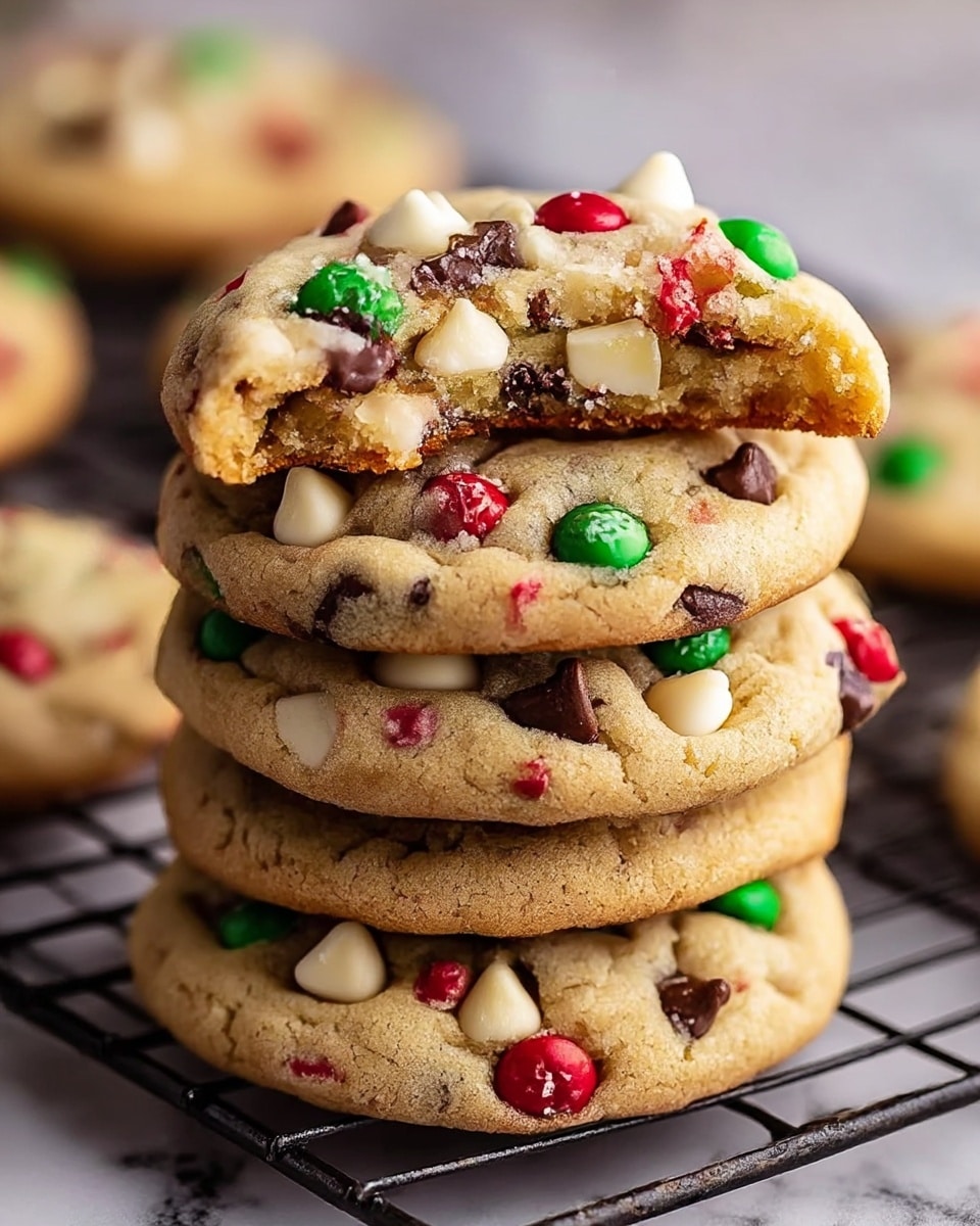 A stack of five soft, thick cookies is shown on a black wire cooling rack, placed on a white marbled surface. Each cookie is light brown with a slightly cracked texture and filled with visible dark brown chocolate chips, white chocolate chunks, small green round candies, and small red candy pieces. The top cookie has a bite taken from its edge, showing a soft and gooey interior with melted chocolate and bits of candy inside. The candies and chocolate pieces are spread evenly throughout all cookies, making them colorful and festive. Photo taken with an iphone --ar 4:5 --v 7