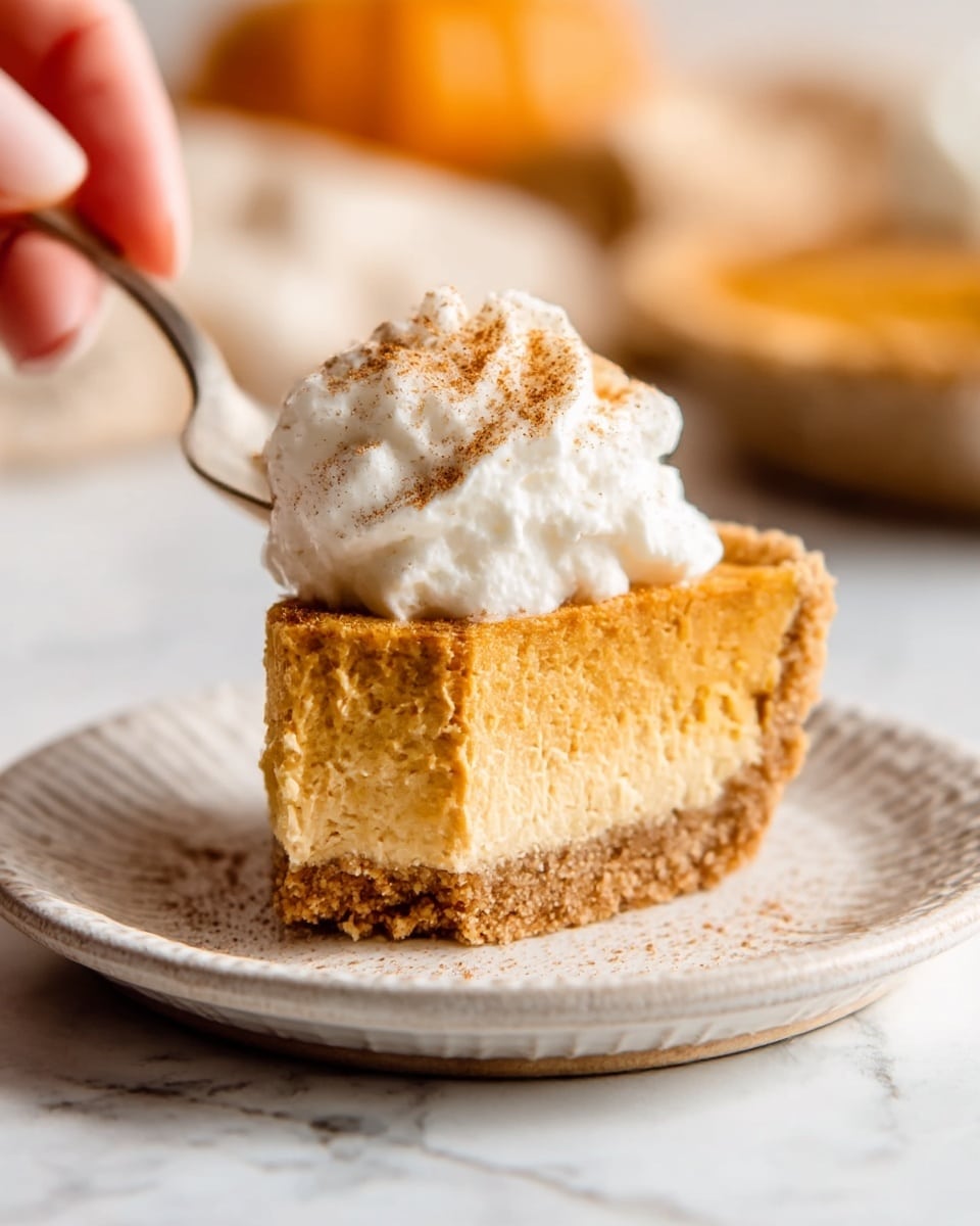 The image shows a slice of pumpkin pie on a white plate with a textured rim, placed on a white marbled surface. The pie has three clear layers: a crumbly brown crust at the bottom, a thick, smooth orange pumpkin filling in the middle, and a fluffy white whipped cream topping with a sprinkle of cinnamon on top. A woman's hand with a spoon is reaching toward the plate from the left side, and the background is softly blurred with warm tones. Photo taken with an iphone --ar 4:5 --v 7