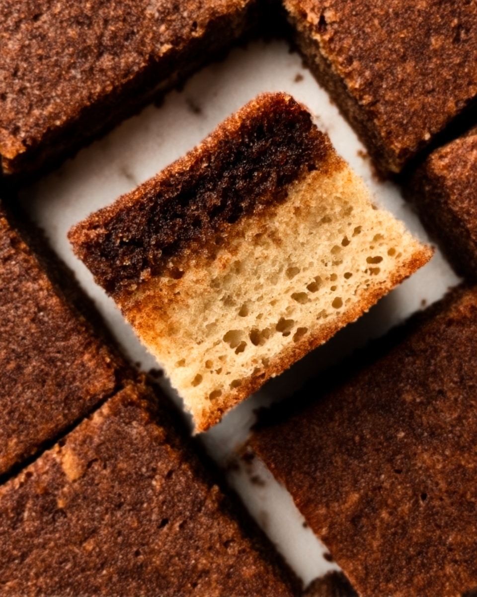 The image shows a close-up of a batch of square-shaped baked treats, closely placed together on a white marbled surface. Each piece has a rough, crumbly top layer with a deep brown color and a slightly uneven texture. One square is lifted, showing a thicker, lighter tan bottom layer with a porous texture that looks soft and chewy. The contrast between the dark brown top and the lighter bottom layers is clear, and the edges of the treats are sharp and clean. Photo taken with an iphone --ar 4:5 --v 7