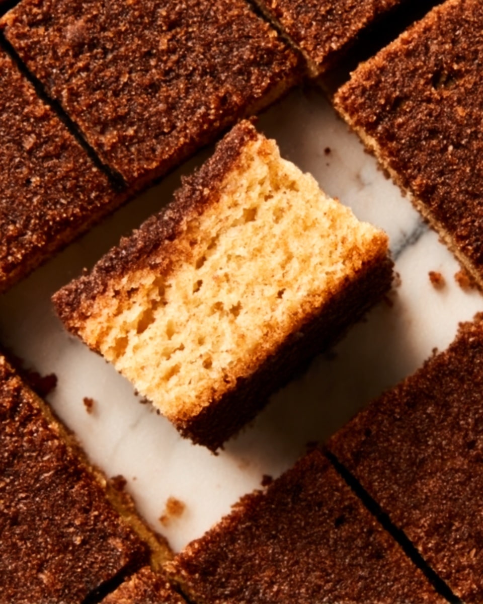 The image shows a close-up of a square snack cut into smaller squares arranged tightly next to each other, with one piece lifted slightly to show its thickness. The top layer is deep brown with a crumbly, rough texture, while the exposed side of the lifted piece is light golden and looks soft and spongy. The snack pieces are placed on a white marbled surface, highlighting their rich colors and textured top, and there is a visible crumb or two around the lifted piece. photo taken with an iphone --ar 4:5 --v 7