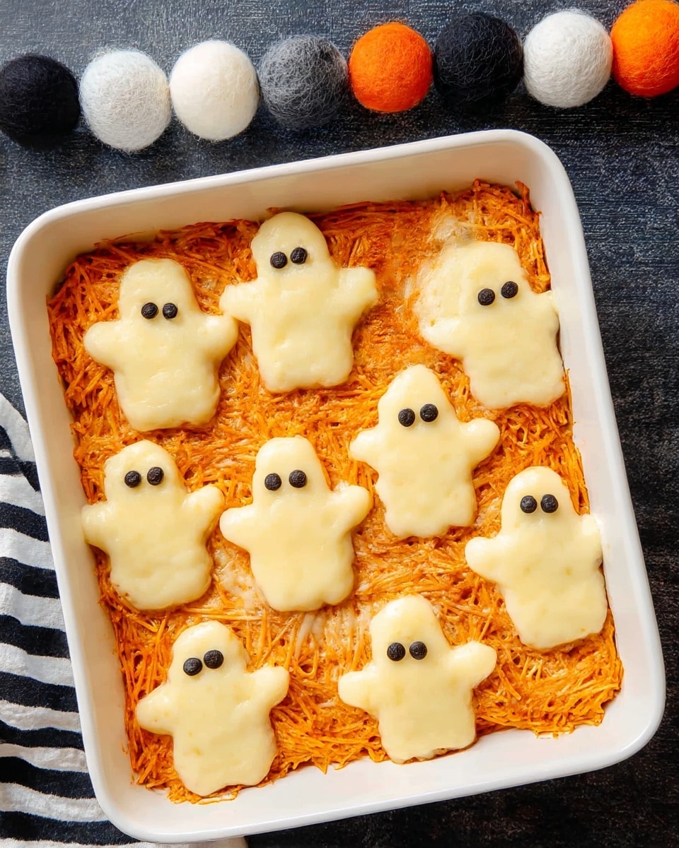 A white rectangular dish filled with a layer of shredded, orange-red cooked chicken covered by melted cheese cut into eight ghost shapes evenly spaced across the surface. Each ghost shape is pale yellow with smooth melted texture, topped with two small circular black olives for eyes, contrasting sharply with the orange chicken below. The dish sits on a dark textured surface with a row of colorful felt balls in white, gray, black, and orange in the background, and a black and white striped cloth partially visible on the lower left corner. photo taken with an iphone --ar 4:5 --v 7