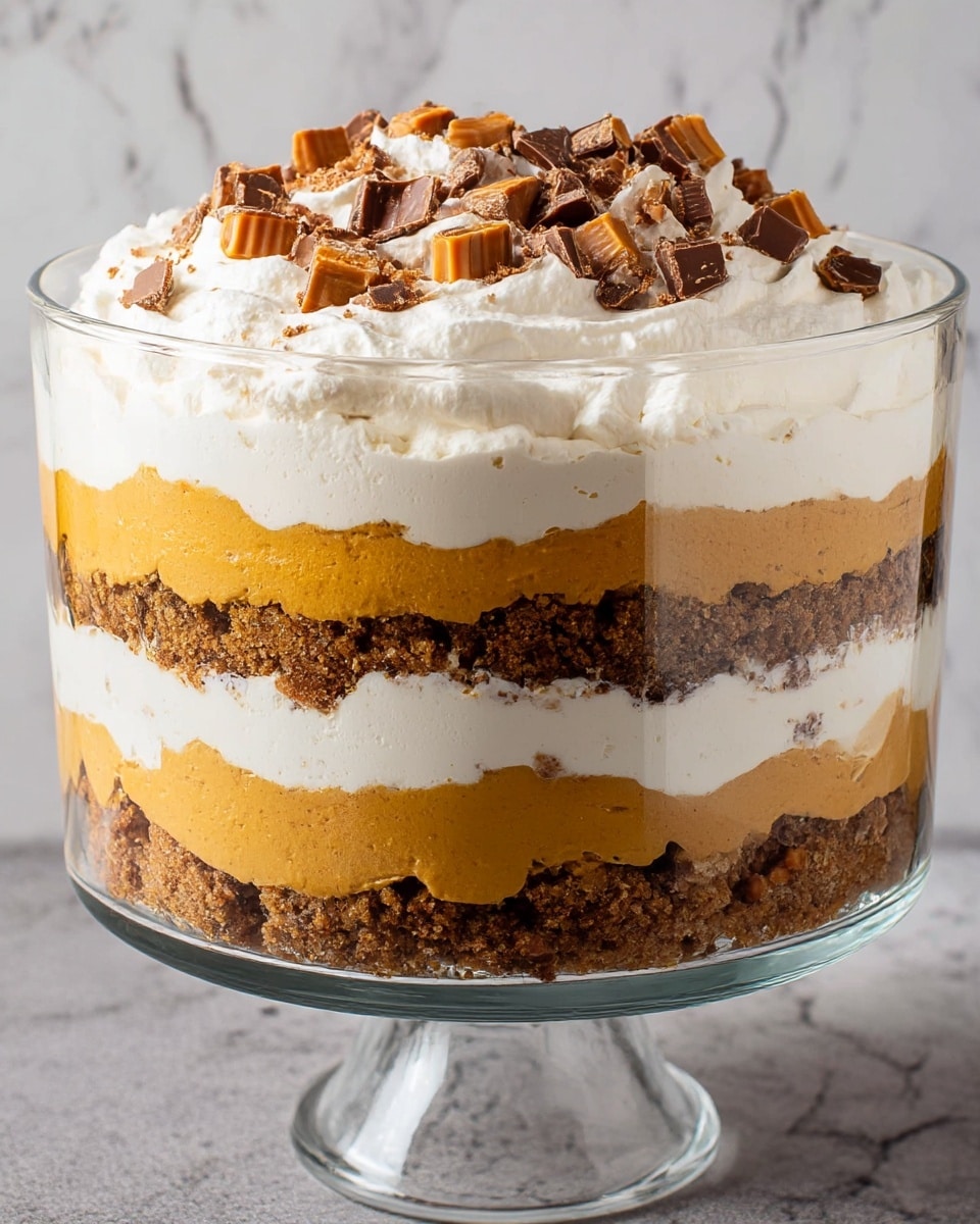 The image shows a tall, clear glass trifle bowl with five visible layers of dessert. From the bottom, the first layer is a crumbly, brown cake base. Above this is a smooth, thick pumpkin-colored creamy layer. Next is a thick white cream layer, followed by another brown cake crumb layer with some white cream mixed in. The fourth layer is another pumpkin-colored creamy layer. The topmost layer is fluffy white cream, generously topped with chopped pieces of chocolate and butterscotch candy. The background has a white marbled texture. photo taken with an iphone --ar 4:5 --v 7