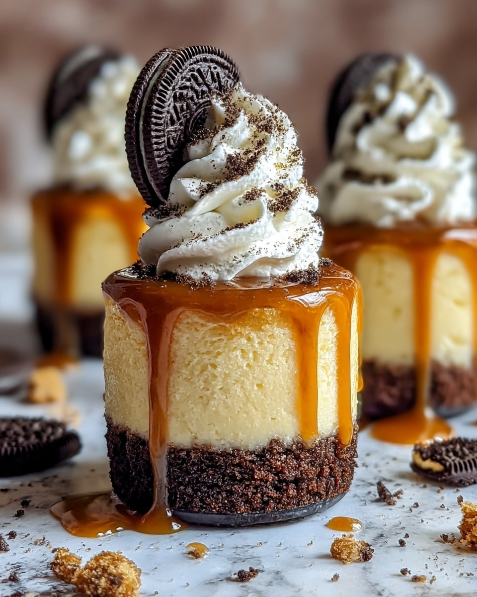 A close-up of a small dessert with three visible layers: the bottom layer is a dark brown crumbly crust, the middle layer is smooth and creamy light yellow cheesecake, and the top layer is glossy caramel sauce dripping down the sides. On top, there is a swirl of white whipped cream sprinkled with cookie crumbs, and a half Oreo cookie is placed vertically into the whipped cream. The dessert is placed on a white marbled surface with scattered cookie crumbs and small pieces, while two more desserts are blurred in the background. Photo taken with an iphone --ar 4:5 --v 7