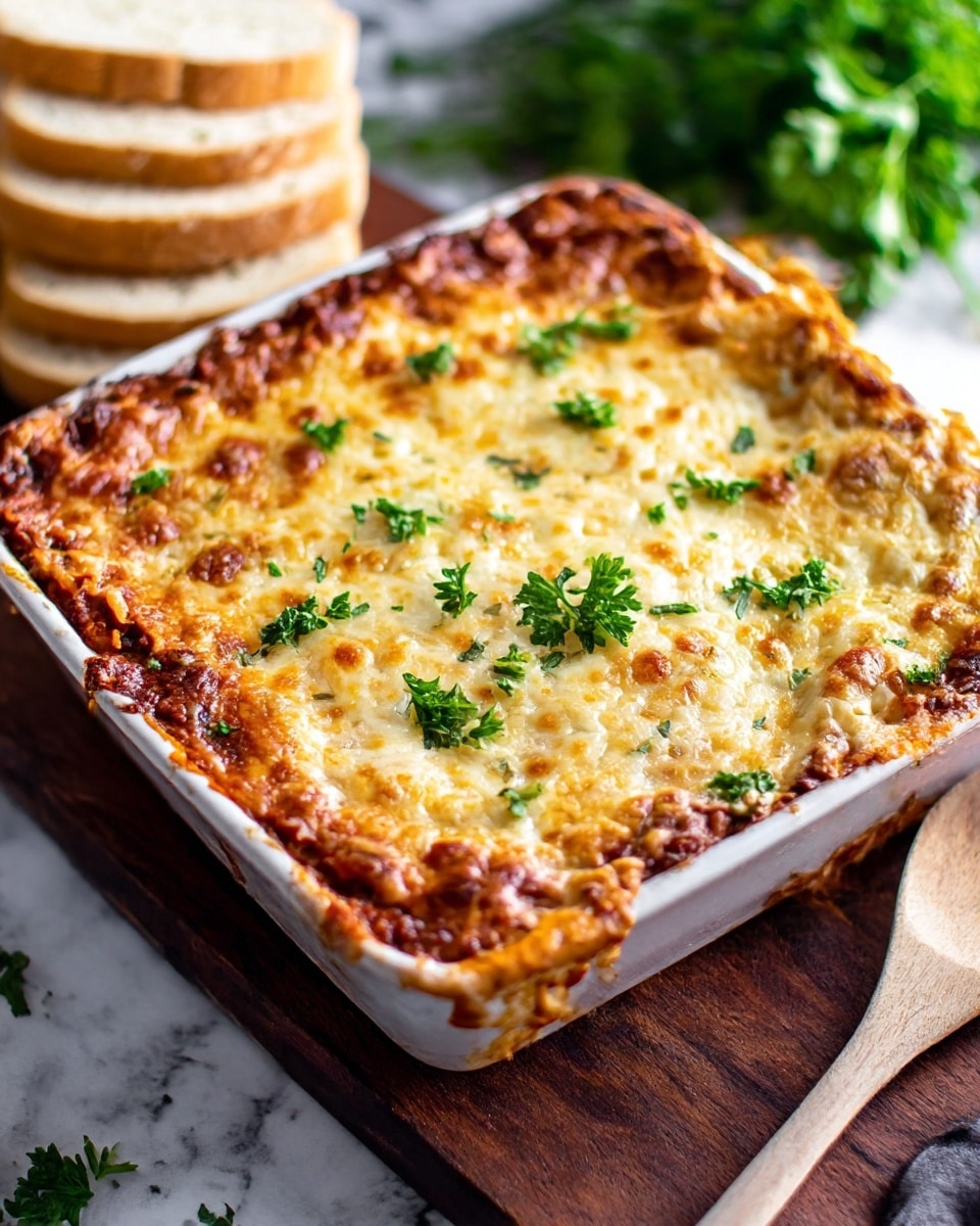 A square white baking dish filled with baked lasagna sits on a brown wooden board. The top layer is golden melted cheese with small browned spots and is sprinkled with fresh green parsley. The lasagna has visible layers just below the slightly bubbly cheese, showing a rich, meaty tomato sauce and creamy cheese layers underneath. Nearby on the white marbled surface are slices of light brown bread stacked, and fresh green herbs are blurred in the background. A wooden spoon with a natural light wood texture lies beside the dish. Photo taken with an iphone --ar 4:5 --v 7