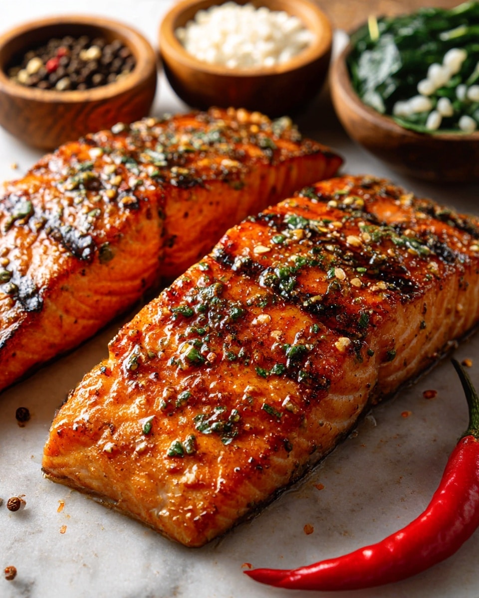 Two cooked salmon fillets lie close together on a white marbled surface. Each fillet has a bright orange-pink color with charred, black grill marks and is sprinkled with crushed pepper and green herbs. Behind the salmon are three small round bowls made of wood, filled with pepper, green leafy vegetables, and white grains. A red chili pepper rests at the bottom right corner of the image. The overall look is warm and rich in color, with a focus on the juicy texture of the salmon. Photo taken with an iphone --ar 4:5 --v 7