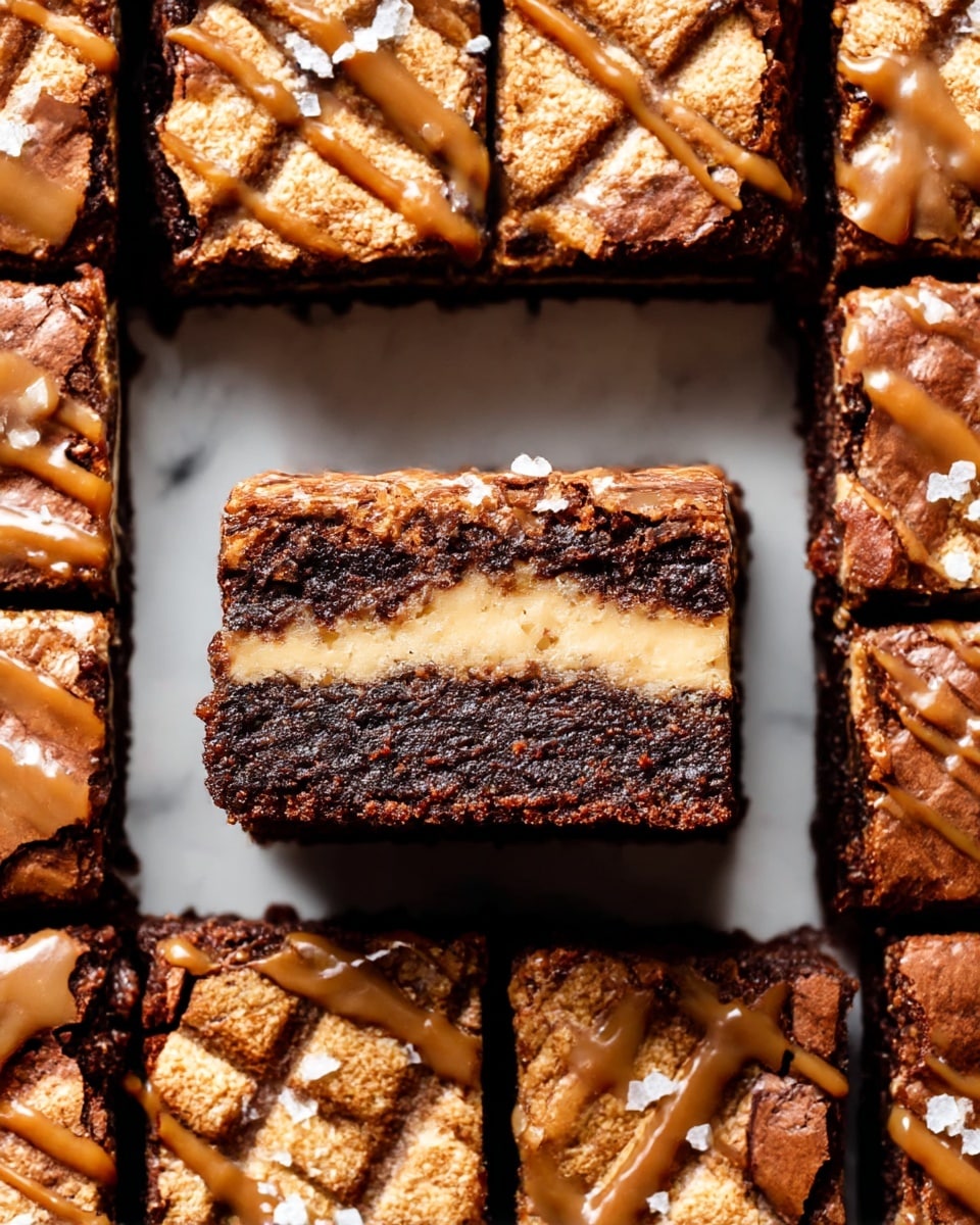 The image shows a close-up view of a tray of square brownies arranged in a grid with one piece lifted to reveal its inside layers. Each brownie has three visible layers: a dark, dense chocolate base, a middle layer of creamy caramel, and a top layer of a light brown cookie crust with crisscrossed texture. The top of the brownies is drizzled with a smooth caramel sauce and sprinkled with small flakes of sea salt. The brownies are set on a white marbled surface. photo taken with an iphone --ar 4:5 --v 7